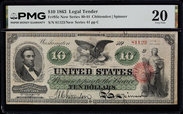 Fr. 95c. 1863 $10 Legal Tender Note. PMG Very Fine 20.