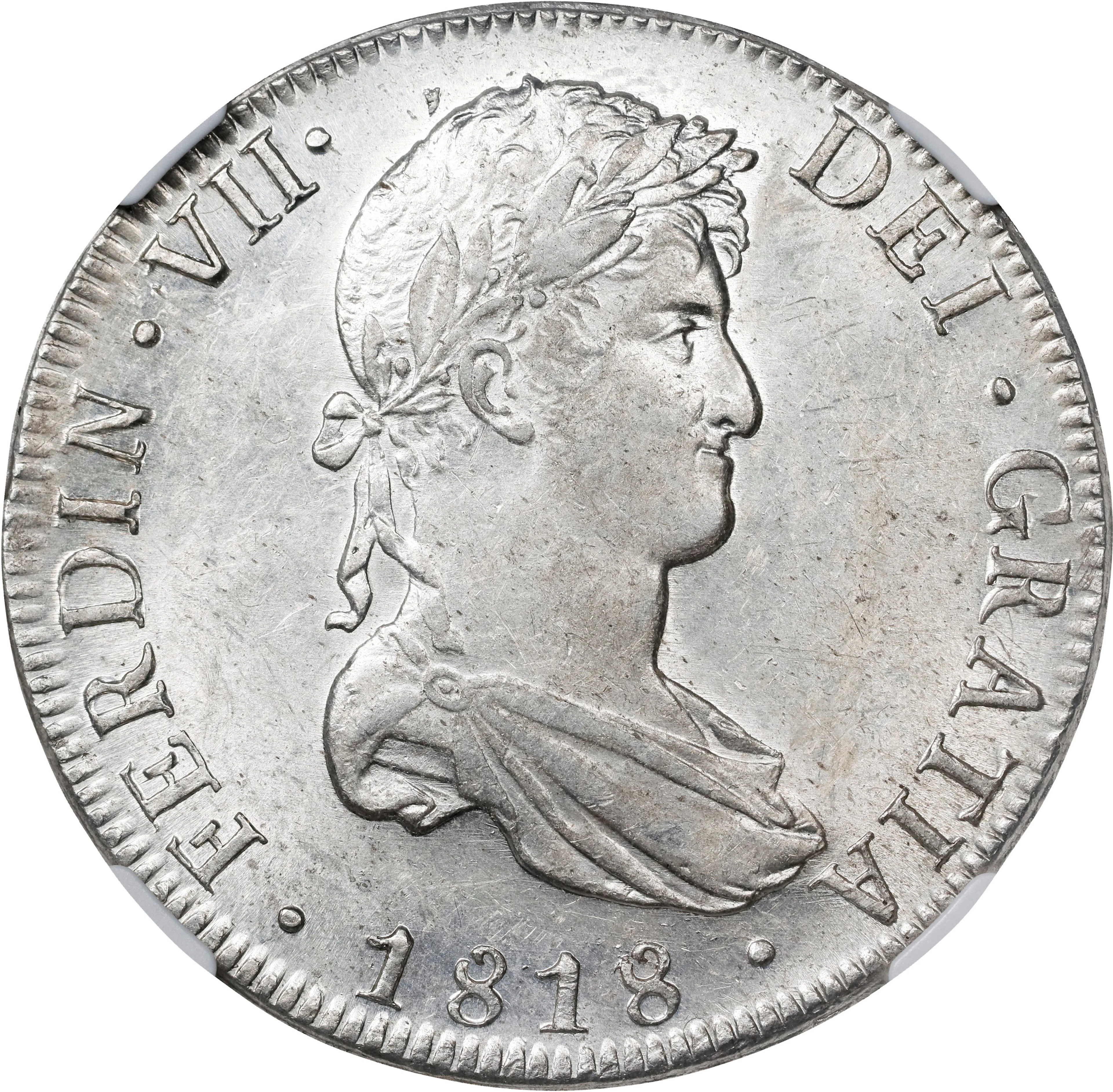 BOLIVIA. 8 Reales, 1818-PTS PJ. Potosi Mint. Ferdinand VII. NGC AU-58.
