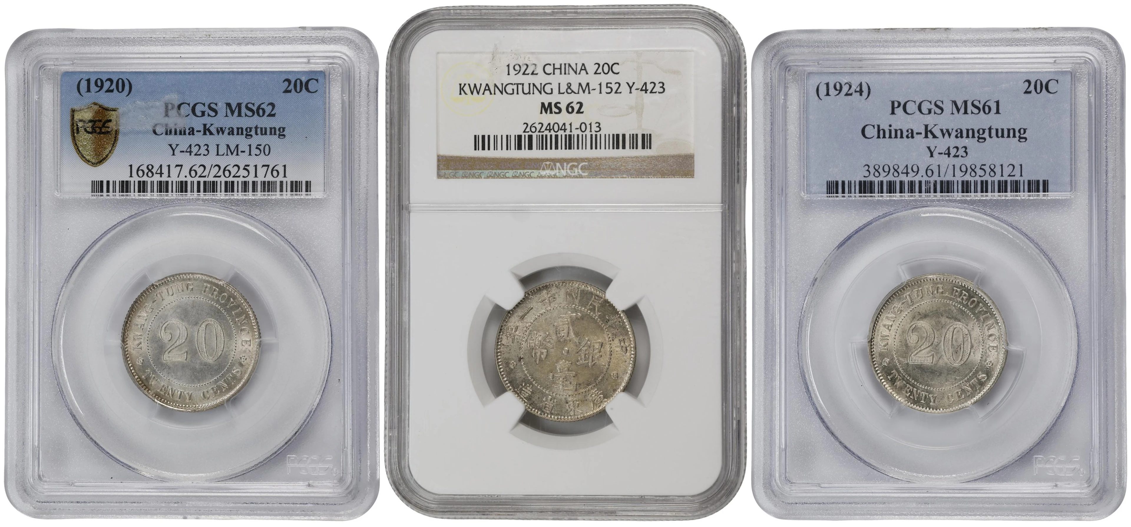 (t) CHINA. Kwangtung. Trio of 20 Cents (3 Pieces), ND (1920-24). Kwangtung