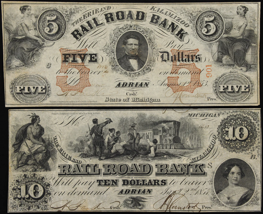 Lot of (2) Adrian, Michigan. Erie & Kalamazoo Rail Road Bank. 1853-54