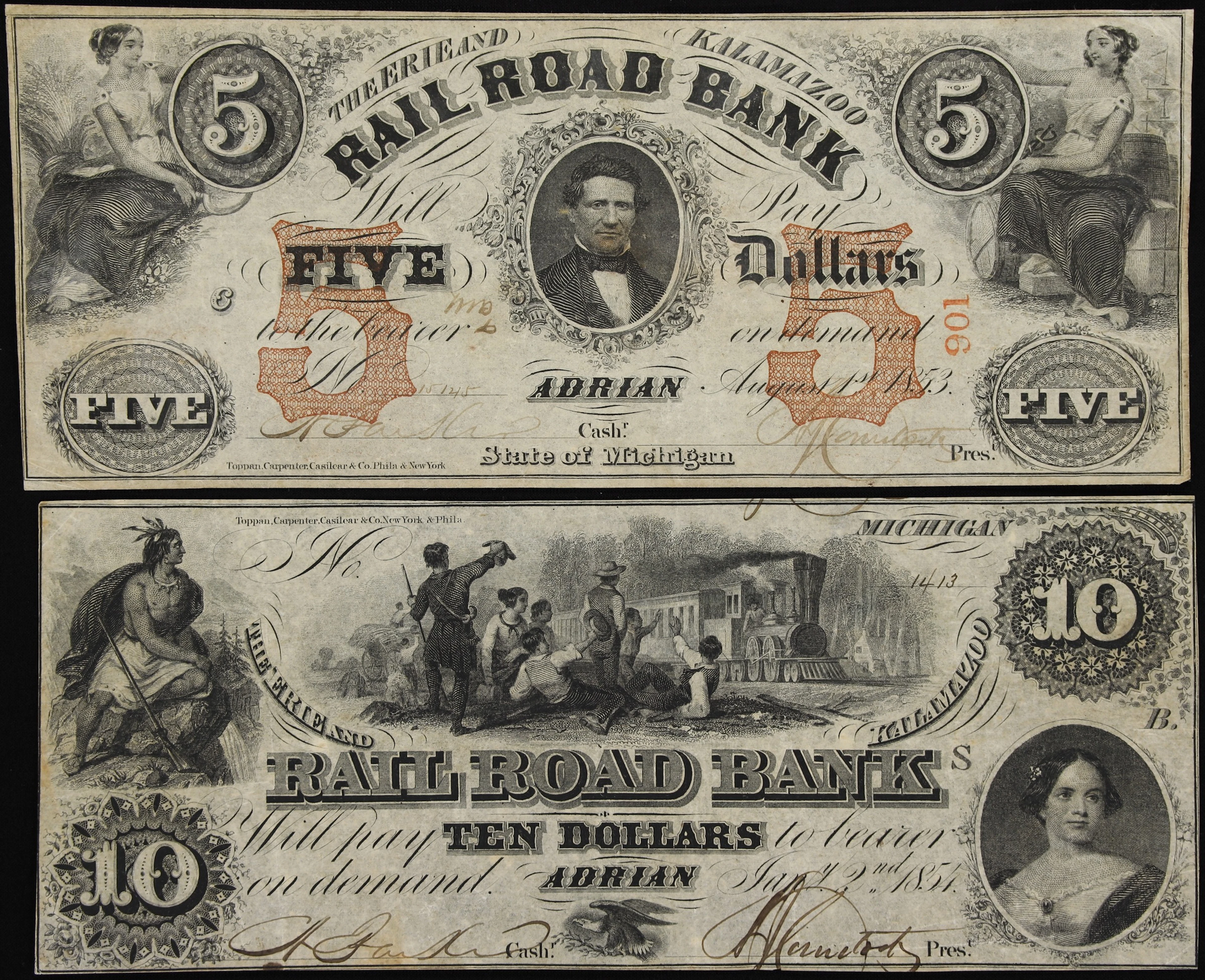 Lot of (2) Adrian, Michigan. Erie & Kalamazoo Rail Road Bank. 1853-54