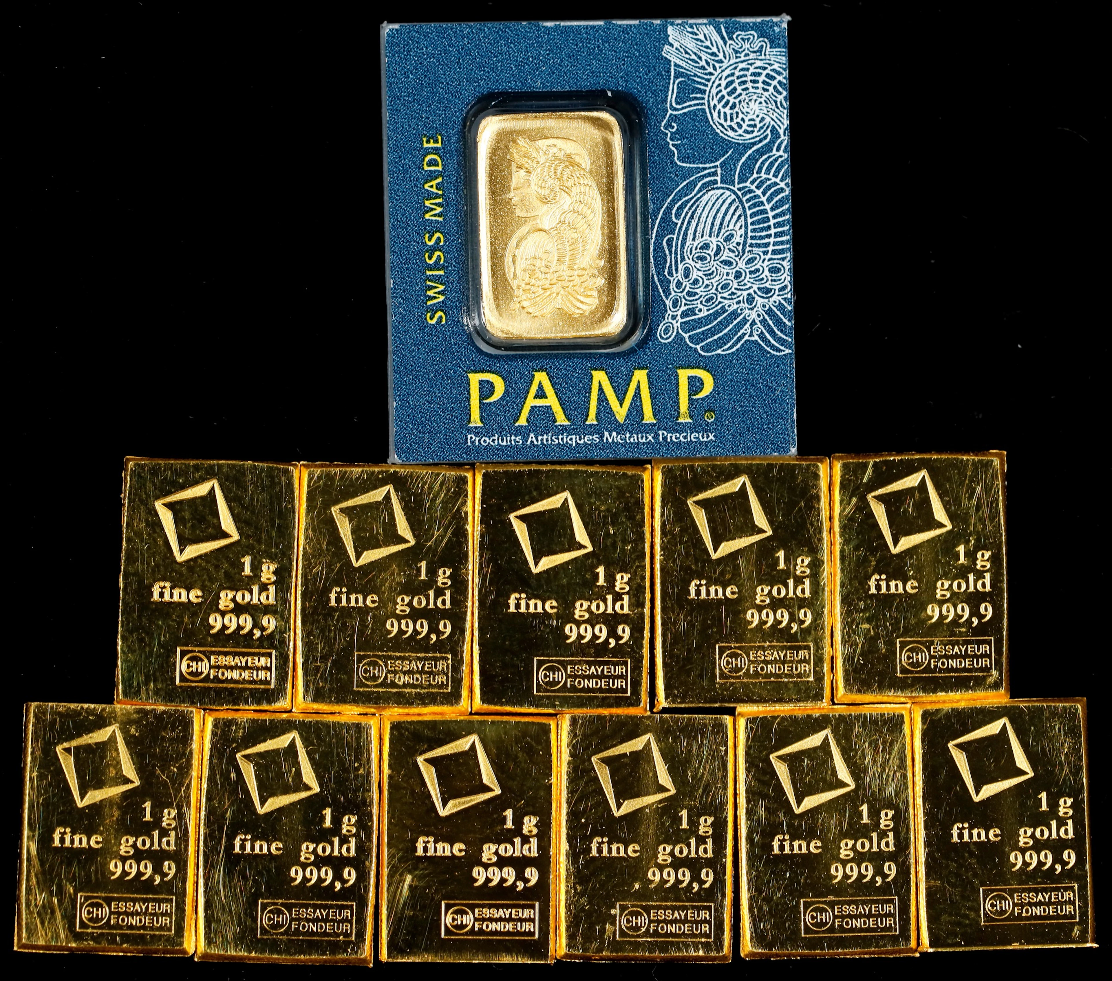 (0.386 oz, 12 g AGW). Lot of (12) PAMP 1 gram Gold Bars.