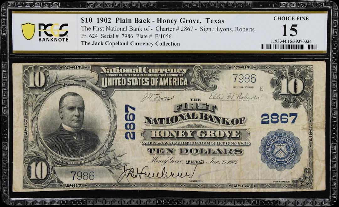 Honey Grove, Texas. $10 1902 Plain Back. Fr. 624. First NB. Charter