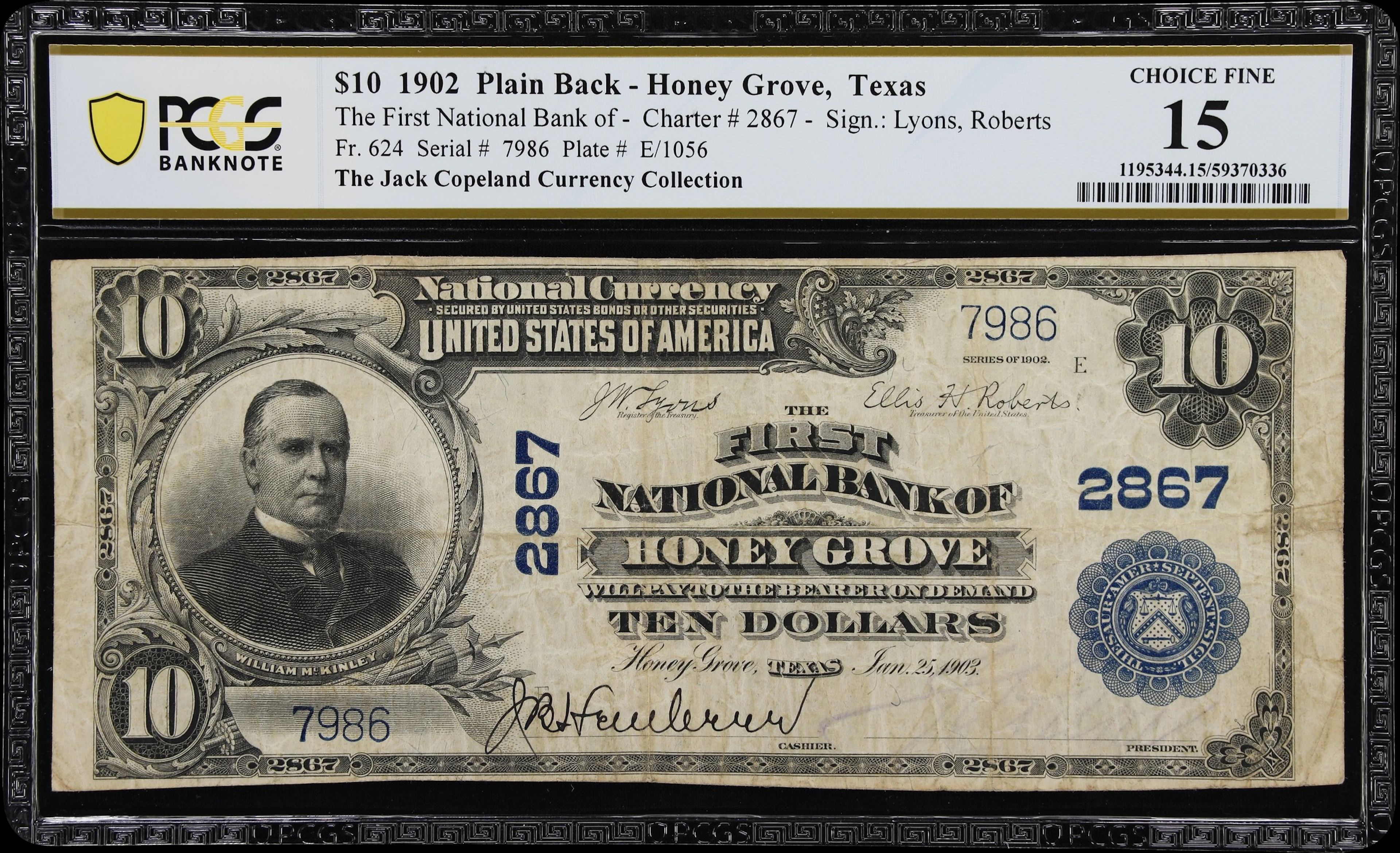 Honey Grove, Texas. $10 1902 Plain Back. Fr. 624. First NB. Charter