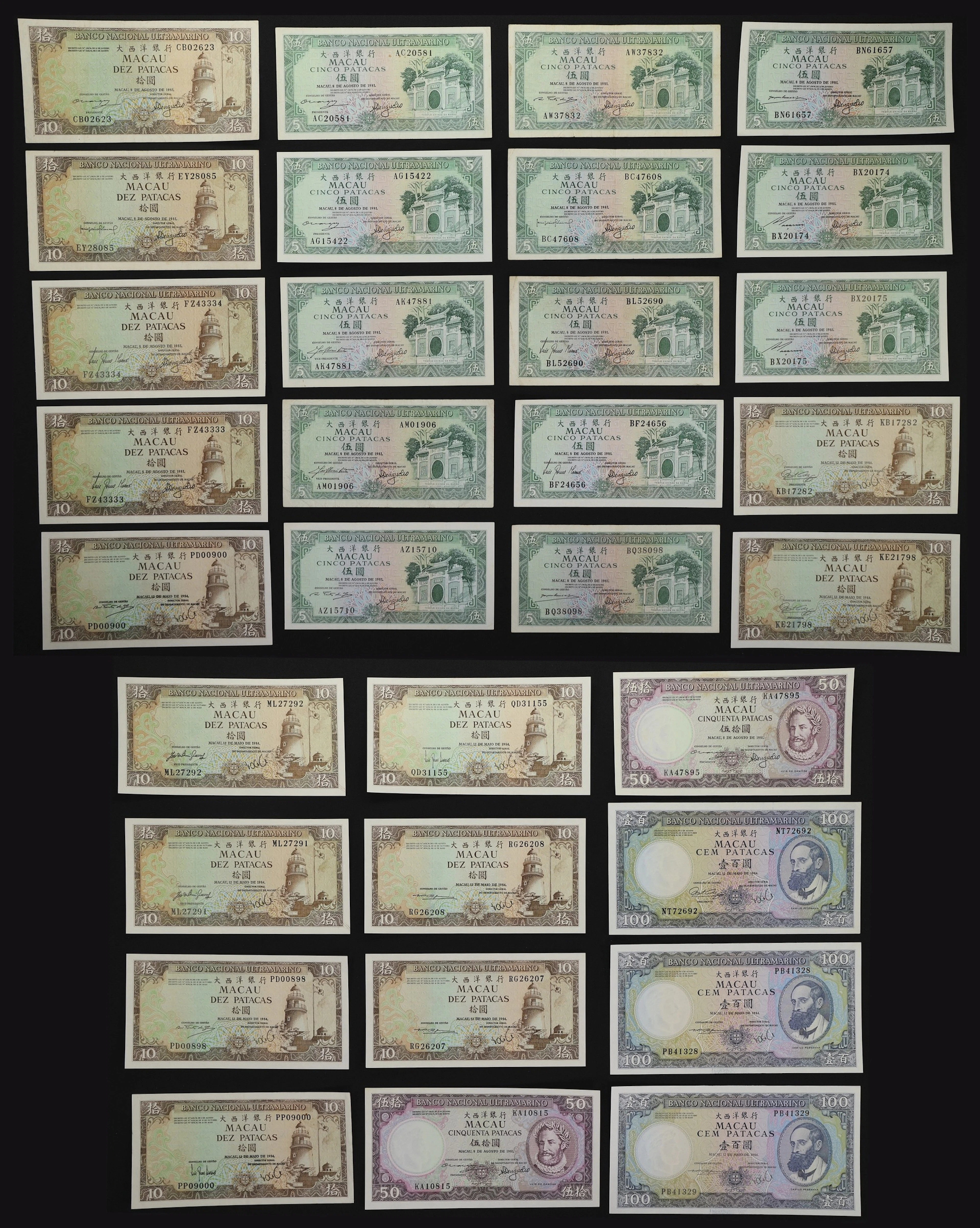 MACAU (SAR). Lot of (32). Banco Nacional Ultramarino. 5, 10, 50, &