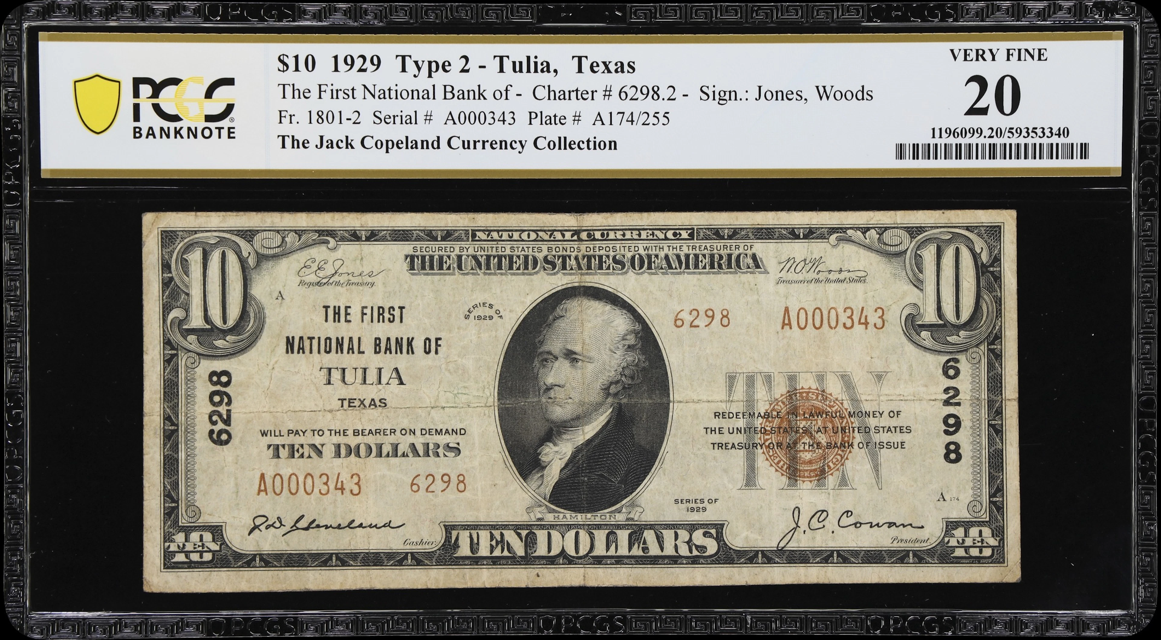 Tulia, Texas. $10 1929 Ty. 2. Fr. 1801-2. Tulia NB. Charter #6298.