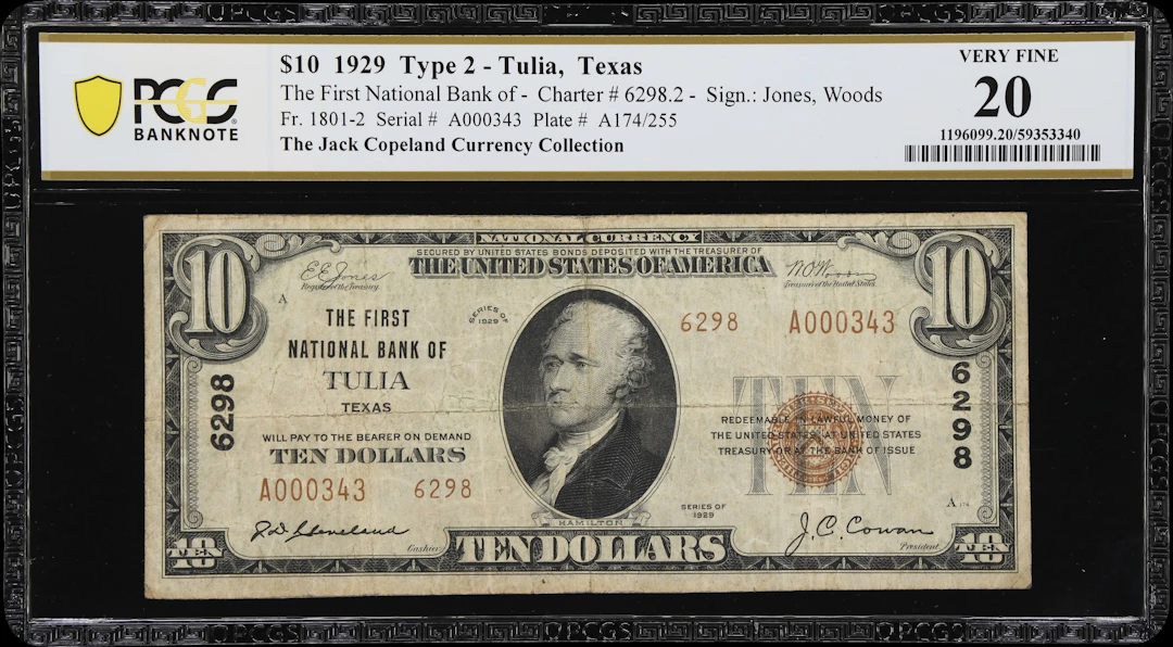 Tulia, Texas. $10 1929 Ty. 2. Fr. 1801-2. Tulia NB. Charter #6298.