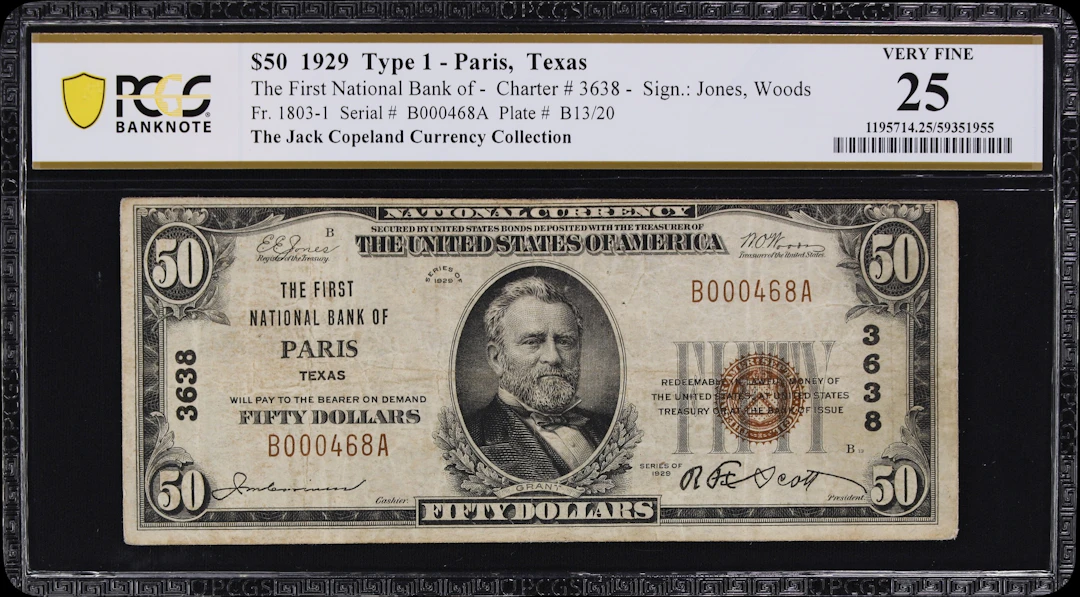 Paris, Texas. $50 1929 Ty. 1. Fr. 1803-1. First NB. Charter #3638.