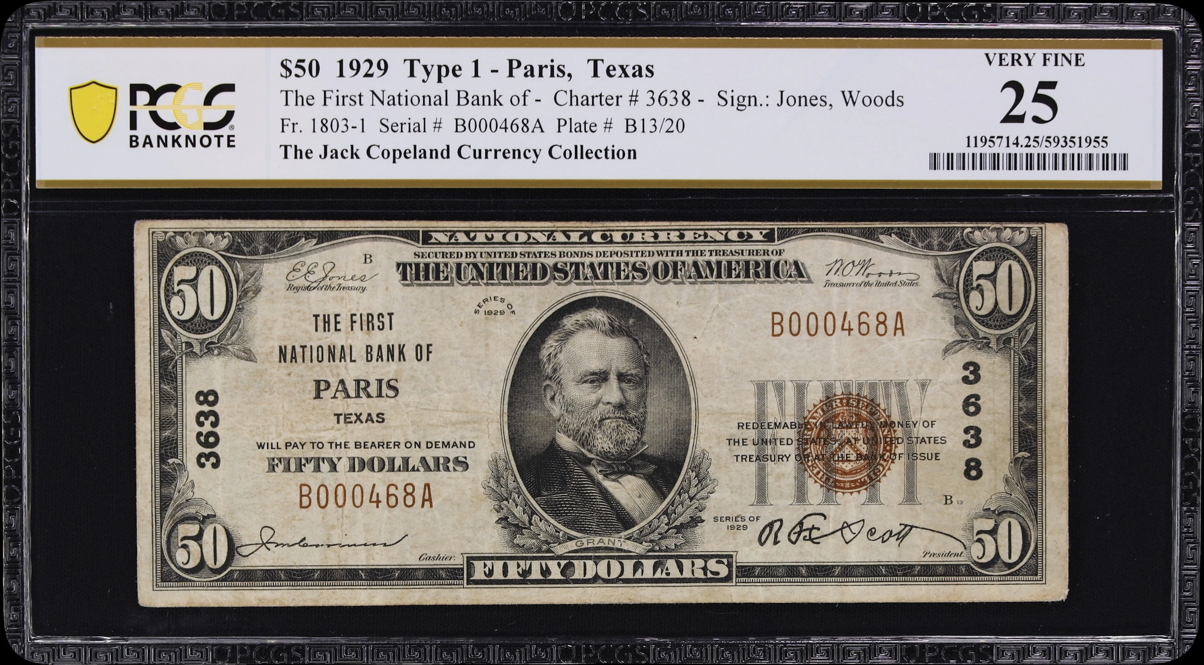 Paris, Texas. $50 1929 Ty. 1. Fr. 1803-1. First NB. Charter #3638.