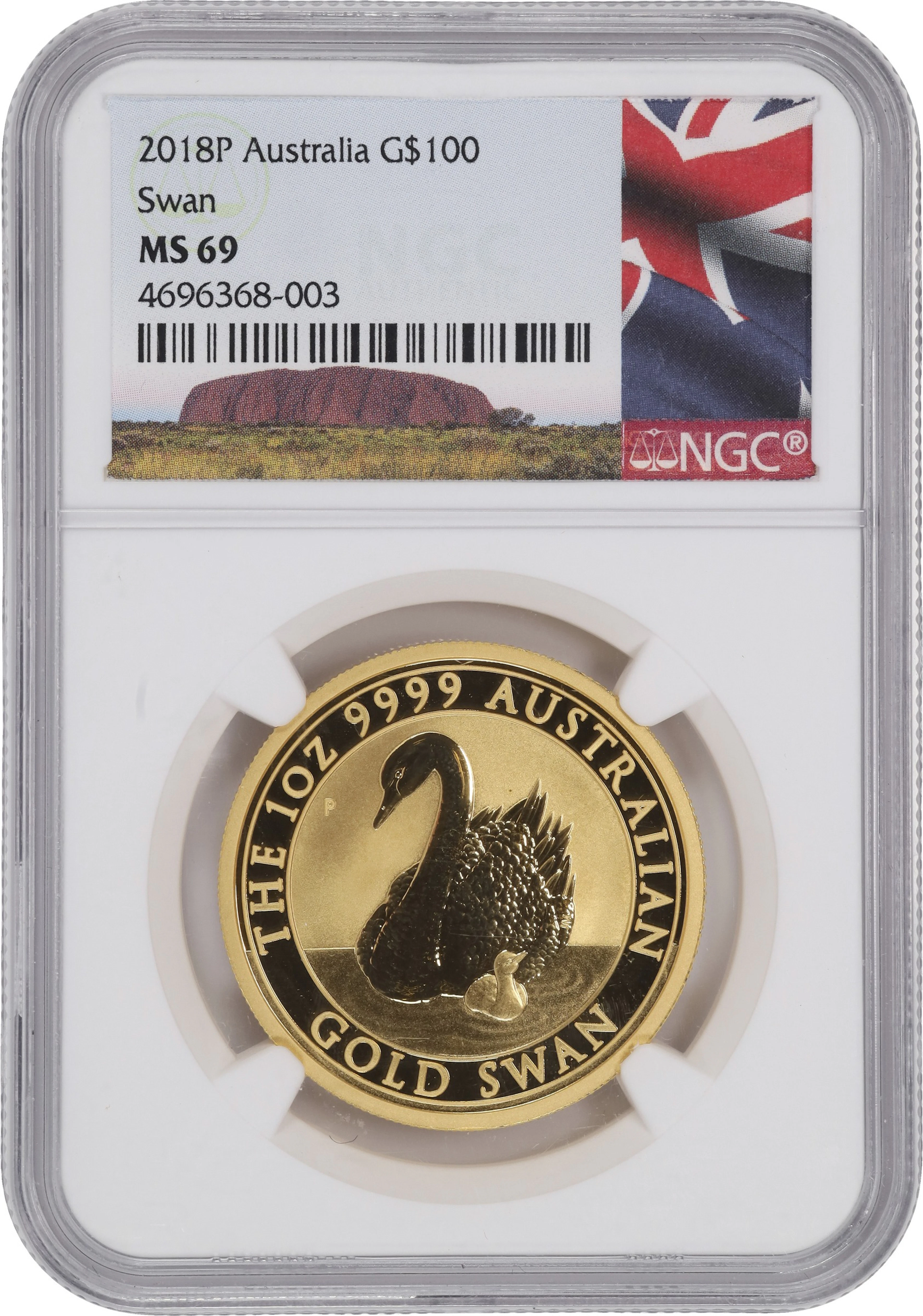 (1 oz, 31.104 g AGW). Australia. 2018-P 1 oz Gold Swan $100. MS-69 (NGC).