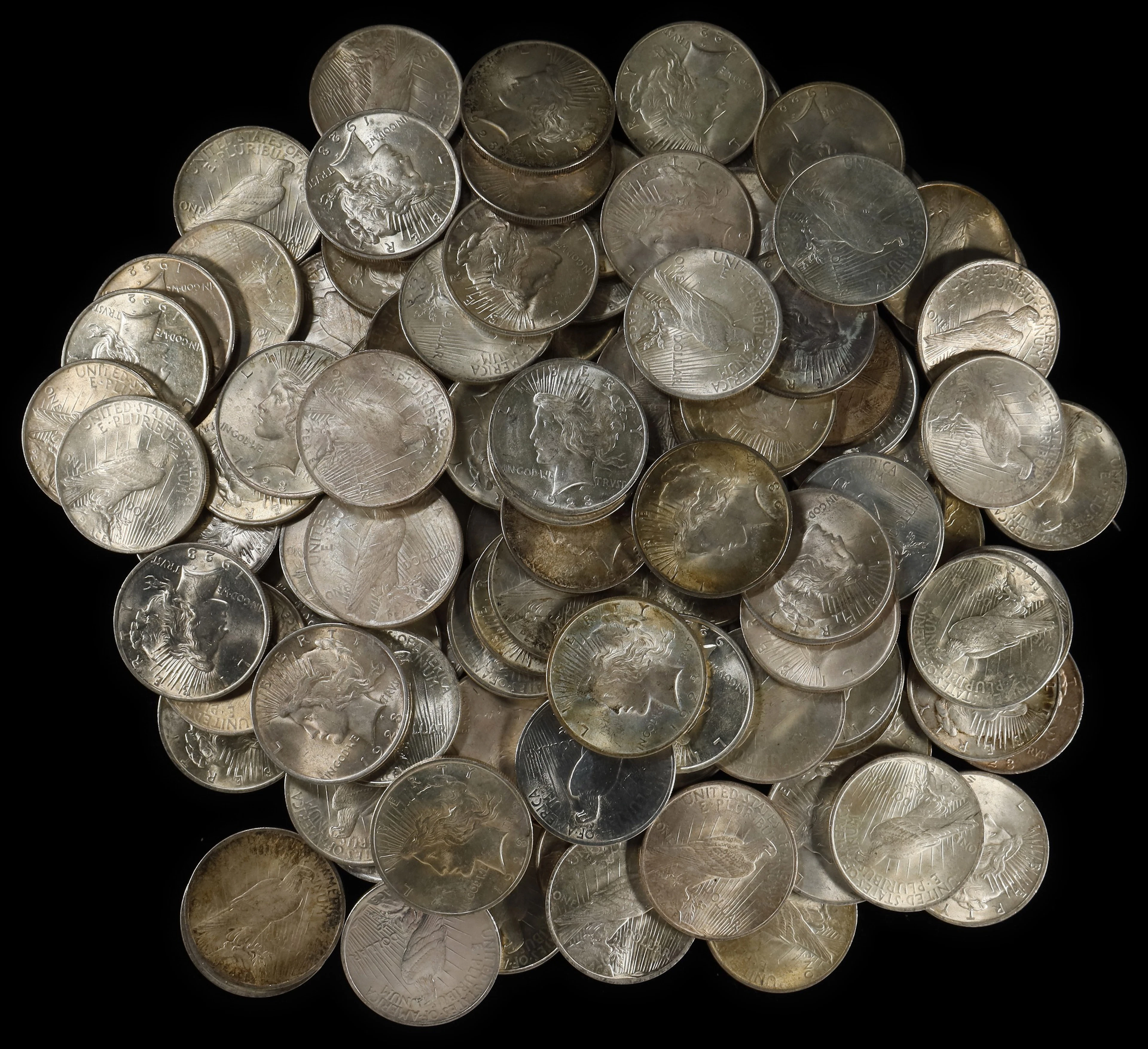 (85.074 oz, 2646.142 g ASW). Lot of (110) Mixed Date Peace Silver Dollars.
