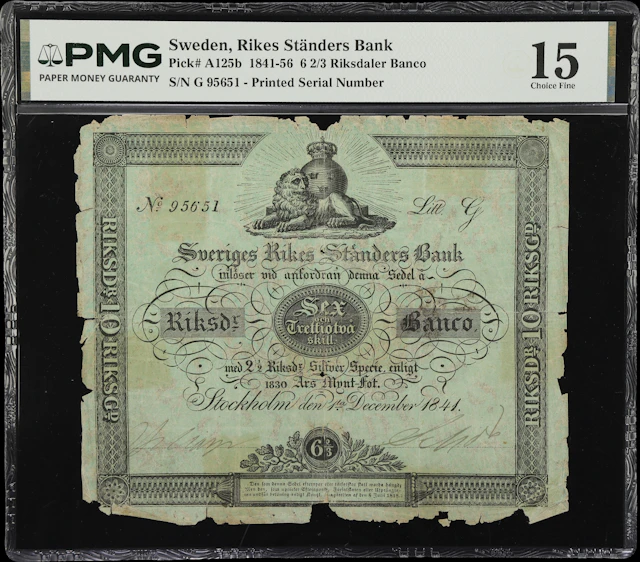 (◊) SWEDEN. Rikes Standers Bank. 6 2/3 Riksdaler Banco, 1.12.1841.