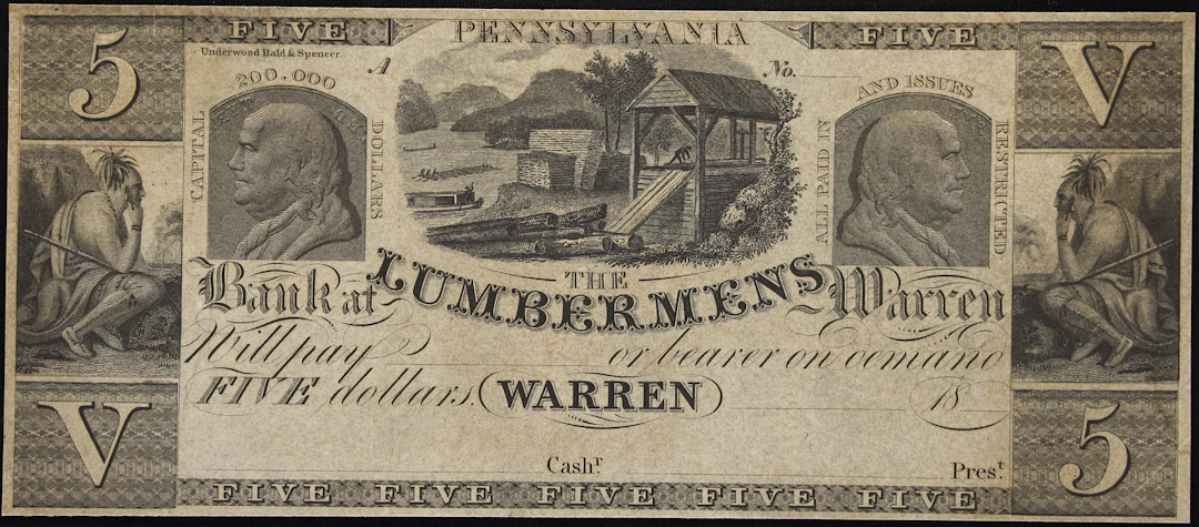 Warren, Pennsylvania, Lumbermens Bank at Warren. 18xx $5. About Uncirculated.