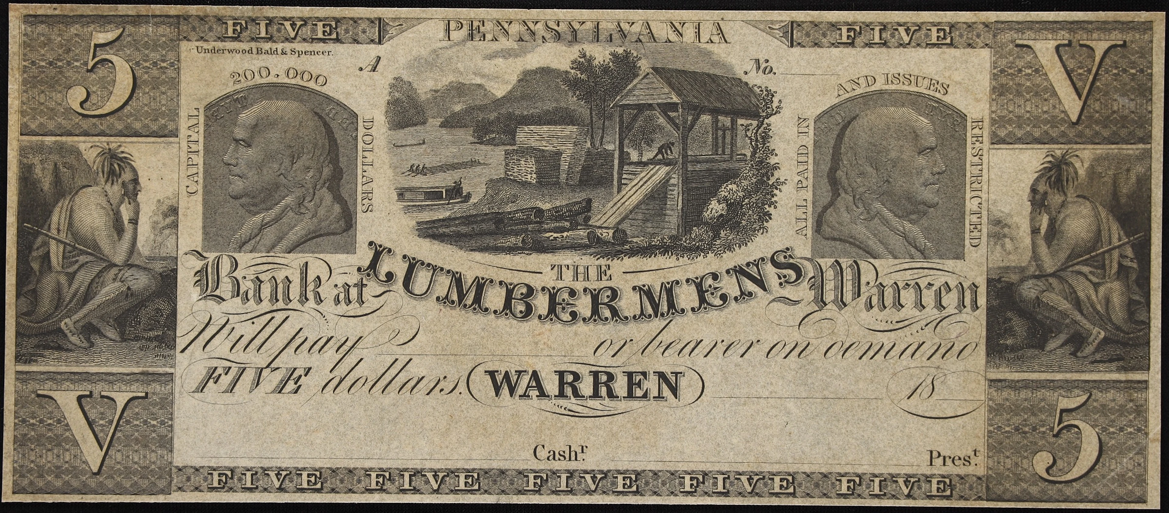 Warren, Pennsylvania, Lumbermens Bank at Warren. 18xx $5. About Uncirculated.