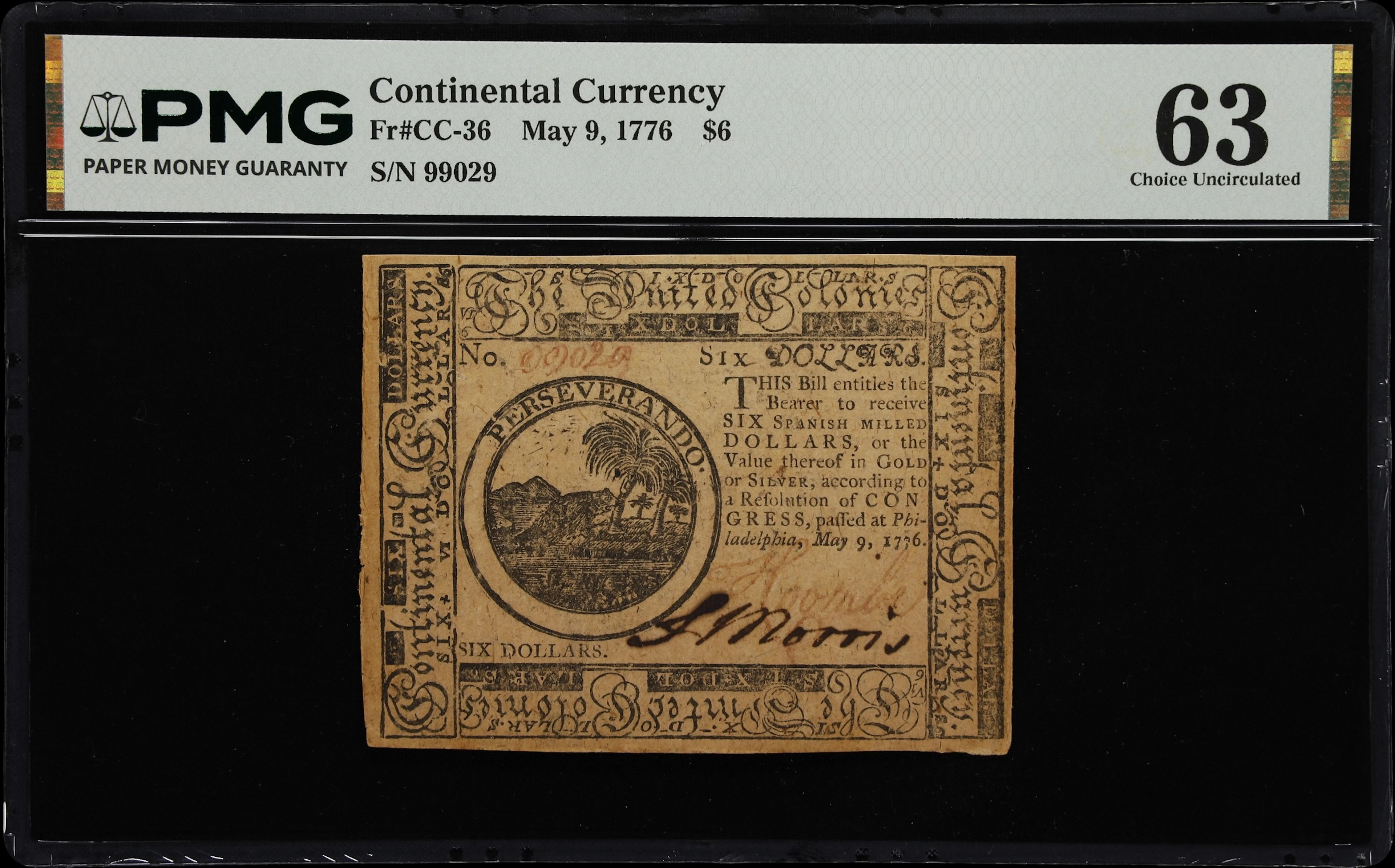 CC-36. Continental Currency. May 9, 1776. $6. PMG Choice Uncirculated 63.