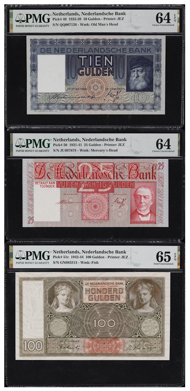 (◊) NETHERLANDS. Lot of (3). Nederlandsche Bank. 10, 25 & 100 Gulden