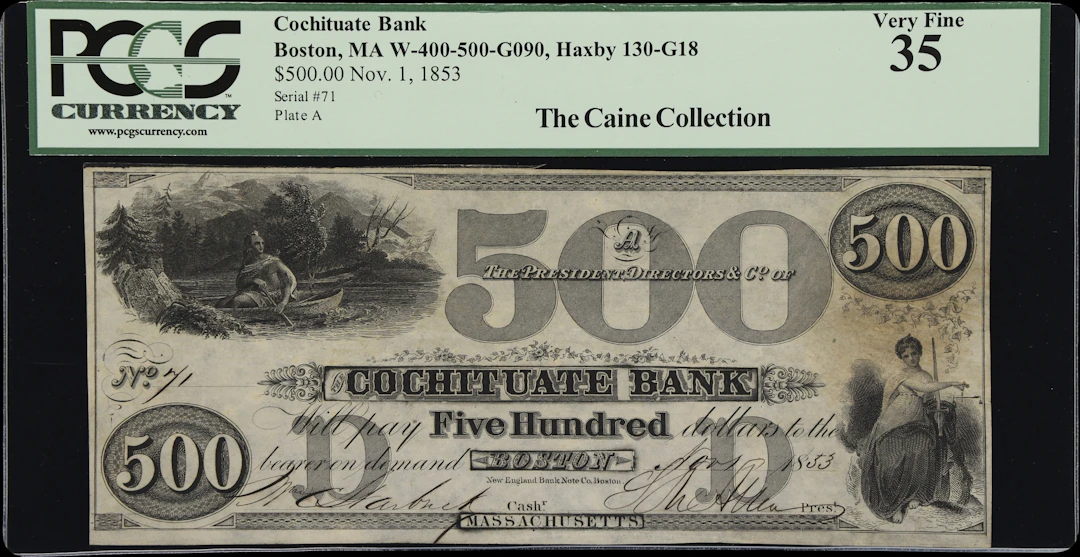 Boston, Massachusetts. The Cochituate Bank. 1853 $500. PCGS Currency
