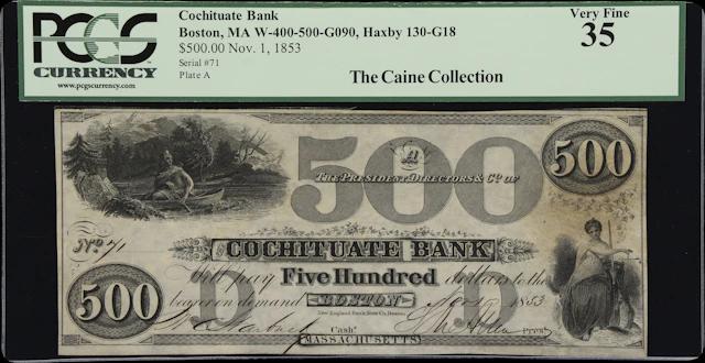 Boston, Massachusetts. The Cochituate Bank. 1853 $500. PCGS Currency