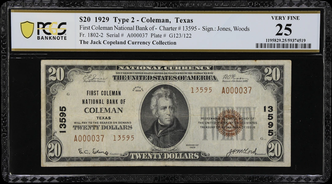 Coleman, Texas. $20 1929 Ty. 2. Fr. 1802-2. First Coleman NB. Charter