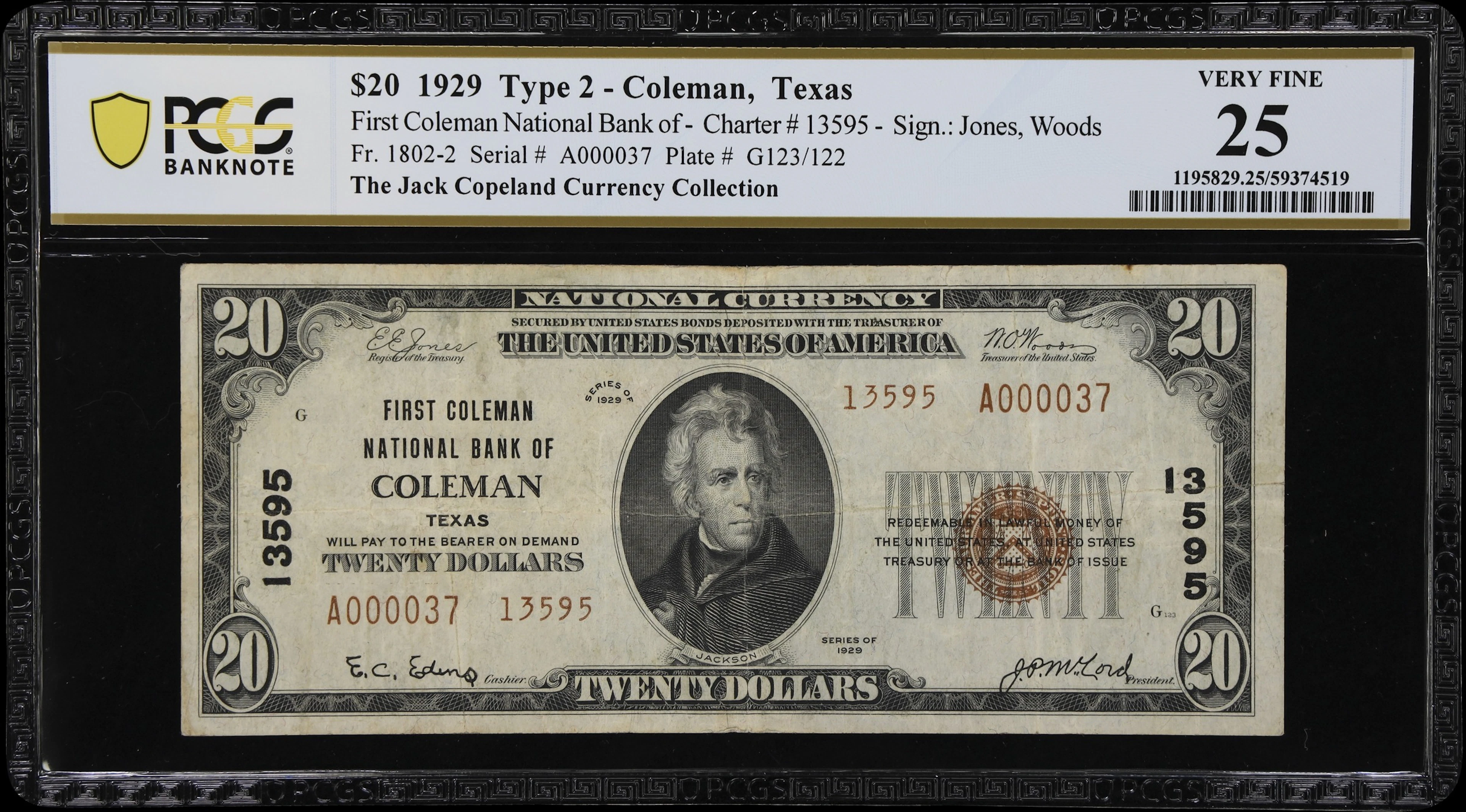 Coleman, Texas. $20 1929 Ty. 2. Fr. 1802-2. First Coleman NB. Charter