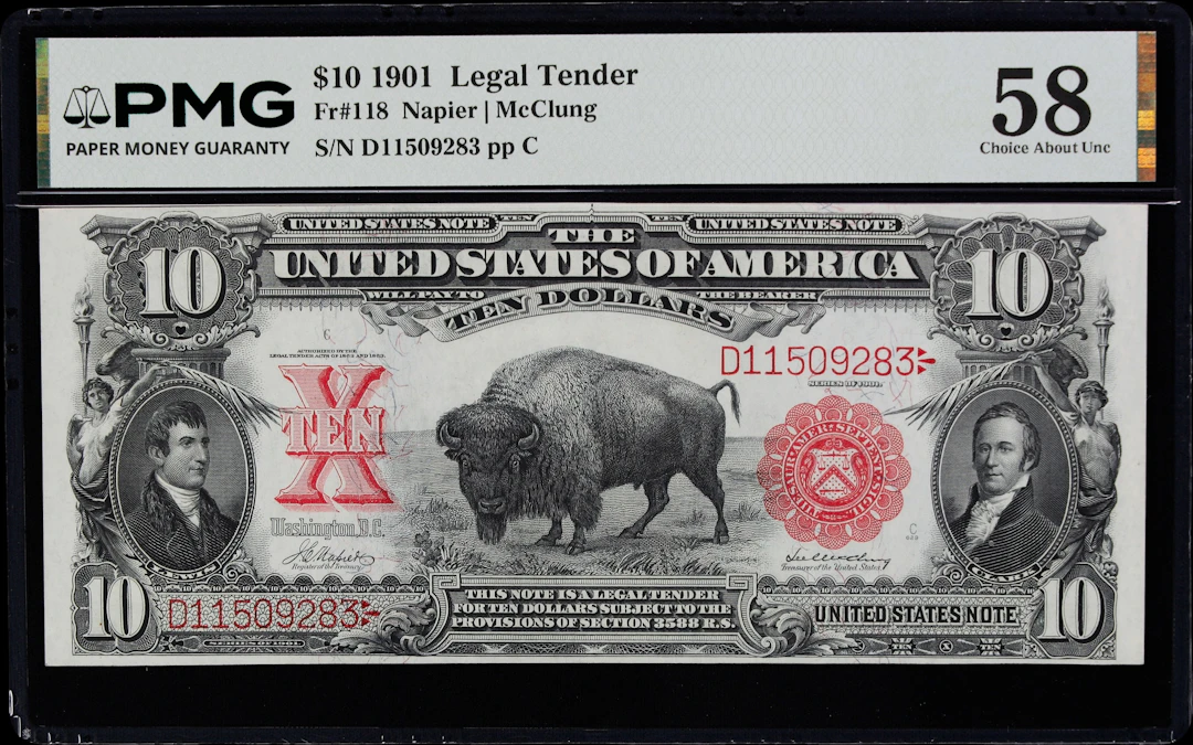 Fr. 118. 1901 $10 Legal Tender Note. PMG Choice About Uncirculated 58.