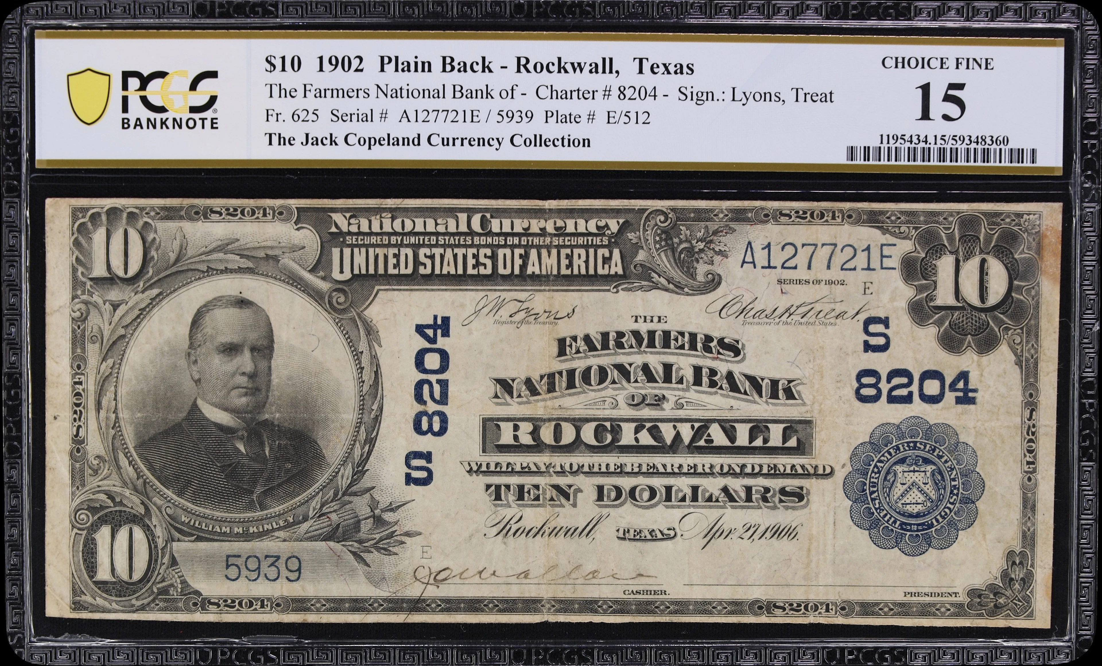 Rockwall, Texas. $10 1902 Plain Back. Fr. 625. Farmers NB. Charter
