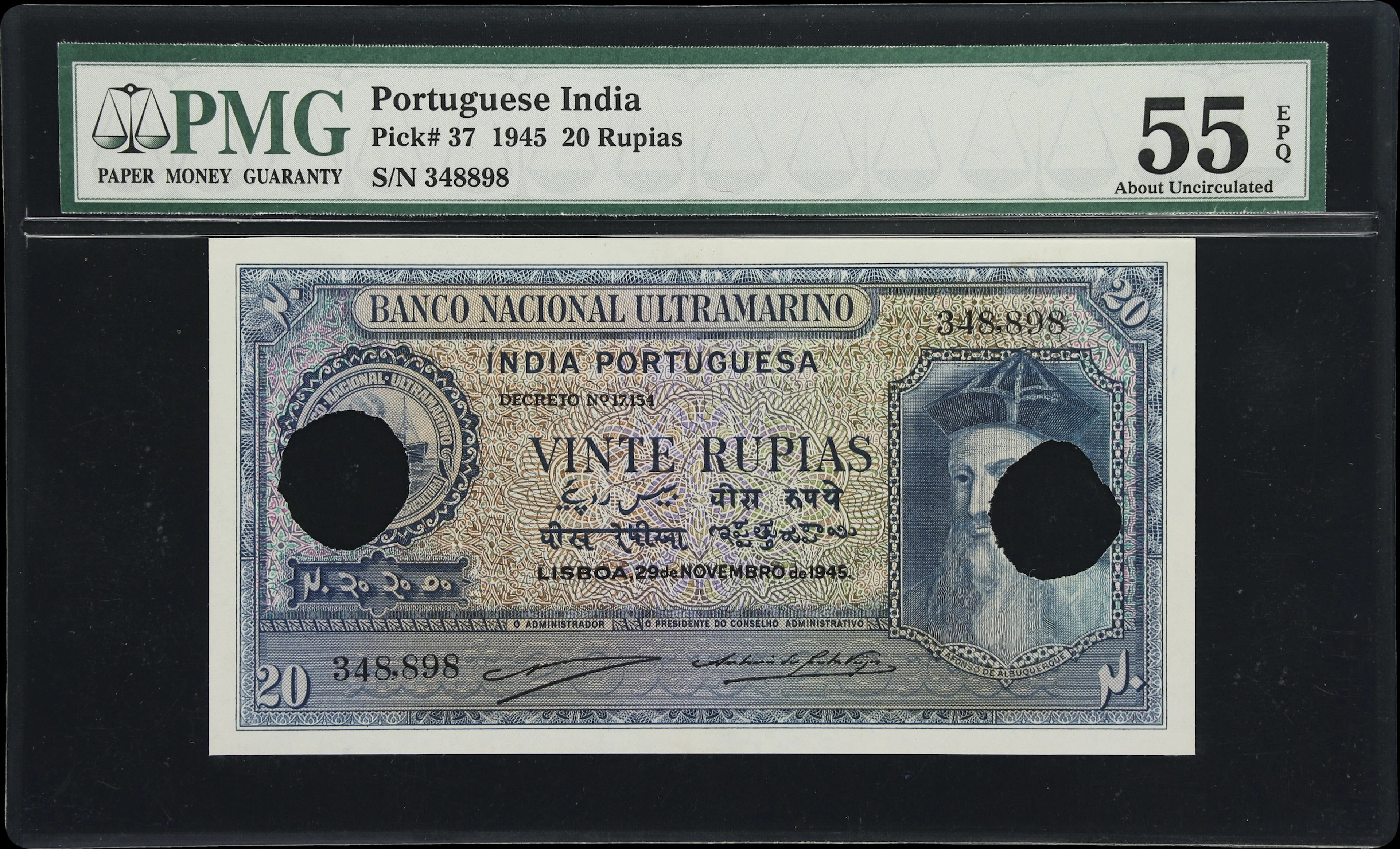 PORTUGUESE INDIA. Banco Nacional Ultramarino. 20 Rupias, 29.11.1945.