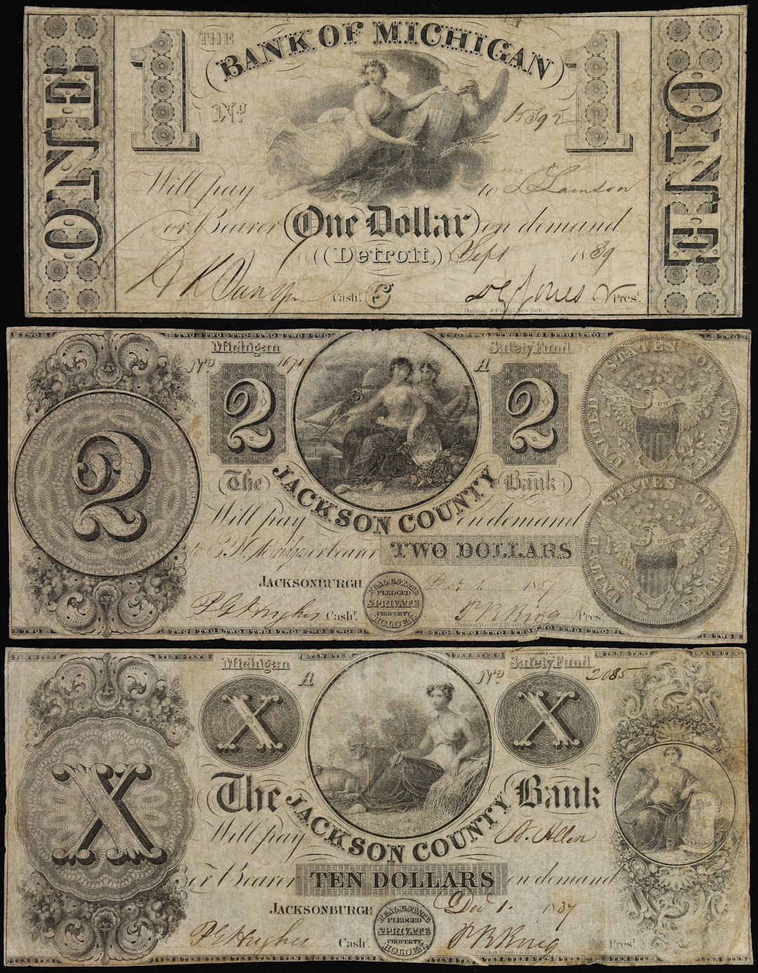 Lot of (3) Detroit & Jacksonburgh, Michigan. Bank of Michigan & Jackson