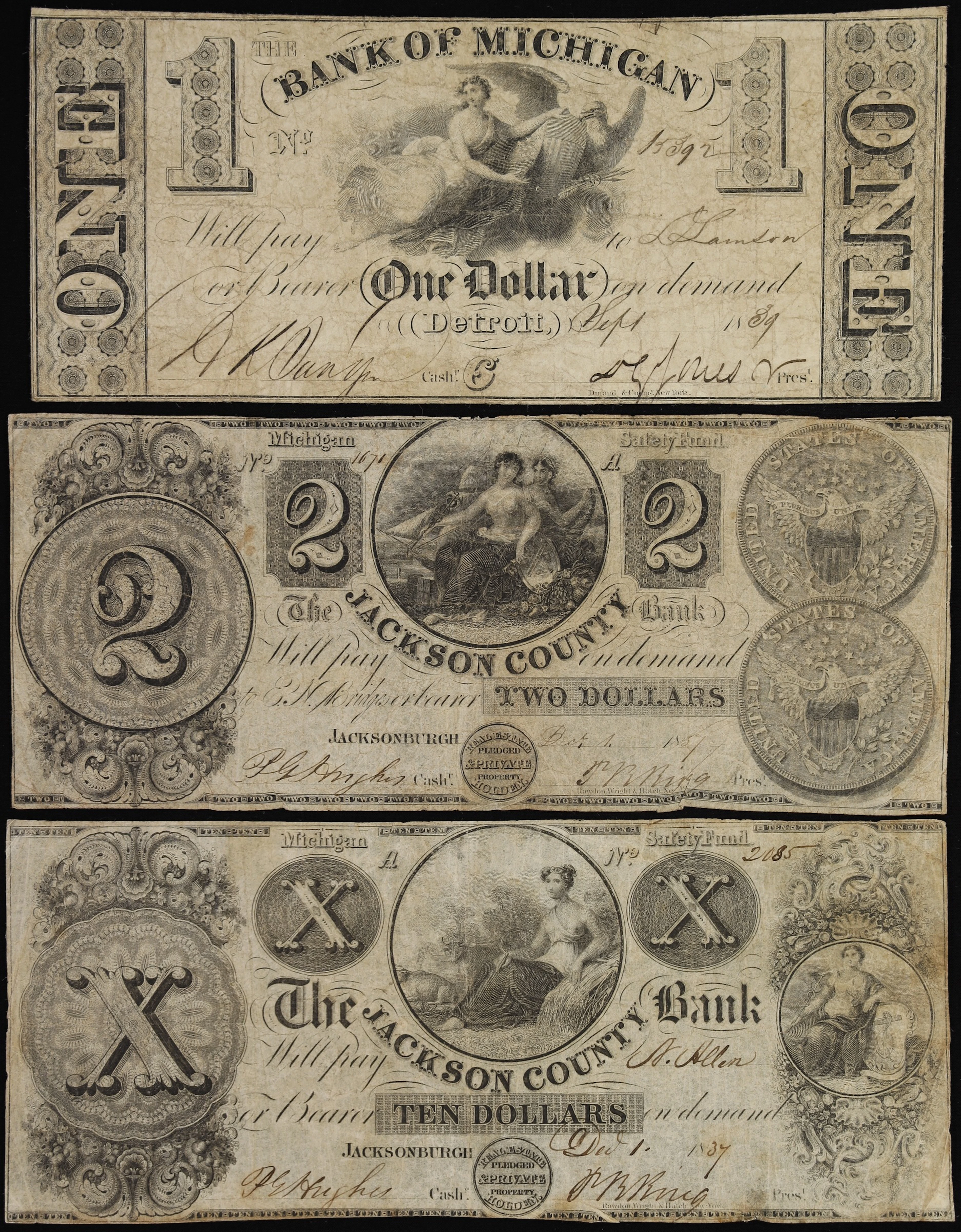 Lot of (3) Detroit & Jacksonburgh, Michigan. Bank of Michigan & Jackson