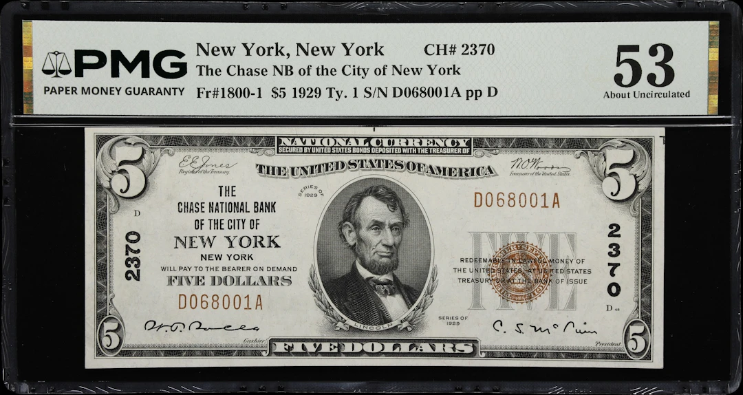 New York, New York. 1929 Ty. 1 $5 Fr. 1800-1. Chase NB. Charter #2370.