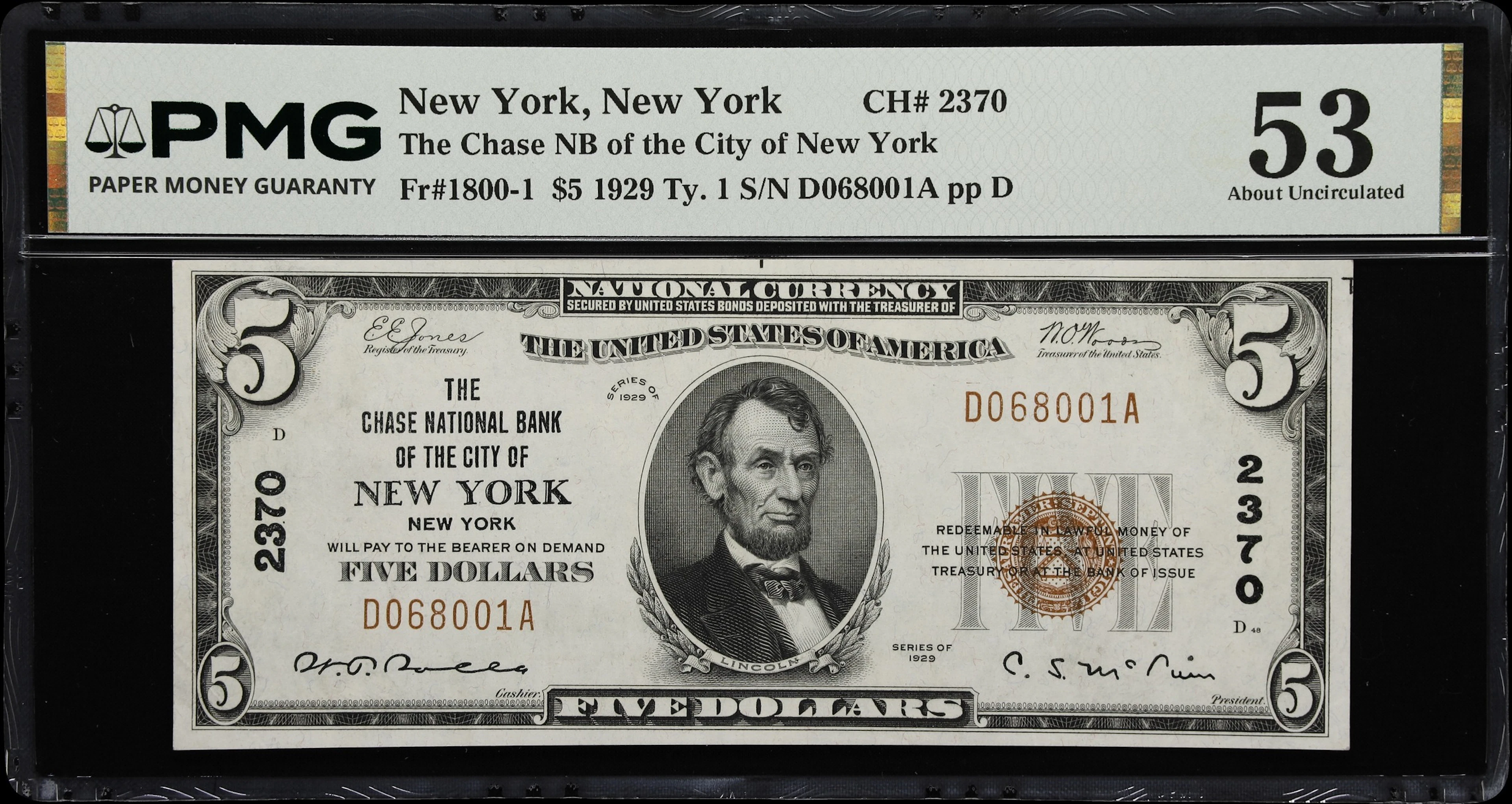 New York, New York. 1929 Ty. 1 $5 Fr. 1800-1. Chase NB. Charter #2370.