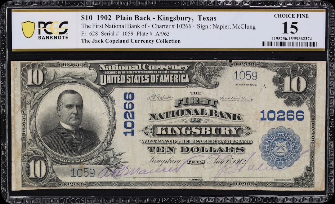 Kingsbury, Texas. $10 1902 Plain Back. Fr. 628. First NB. Charter