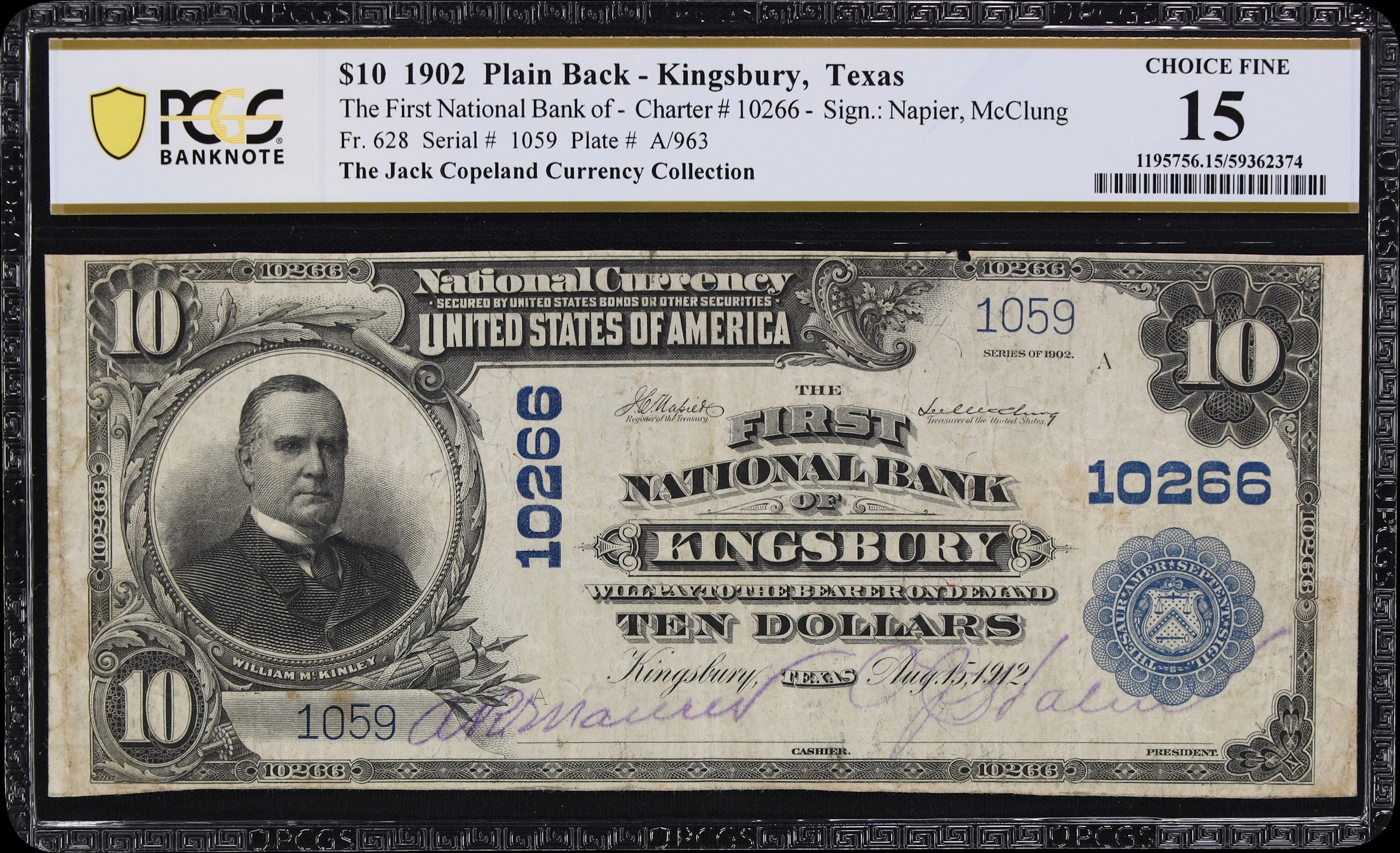 Kingsbury, Texas. $10 1902 Plain Back. Fr. 628. First NB. Charter