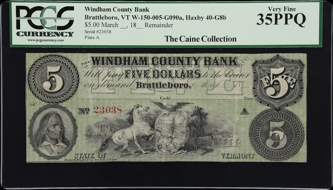 Brattleboro, Vermont. Windham County Bank. 18xx $5. PCGS Currency