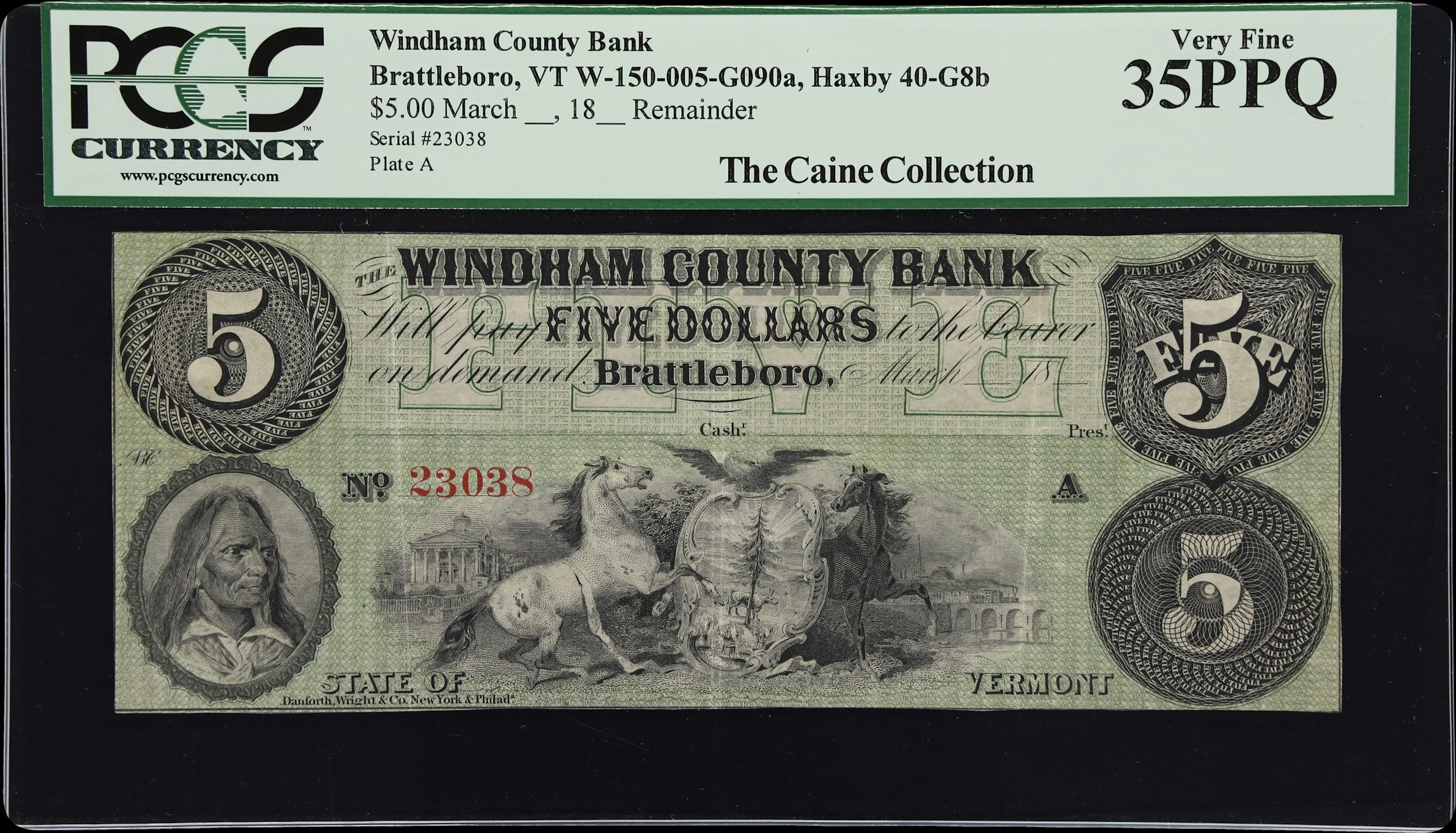 Brattleboro, Vermont. Windham County Bank. 18xx $5. PCGS Currency