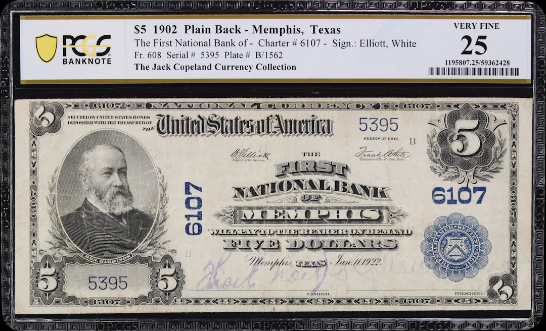 Memphis, Texas. $5 1902 Plain Back. Fr. 608. First NB. Charter #6107.