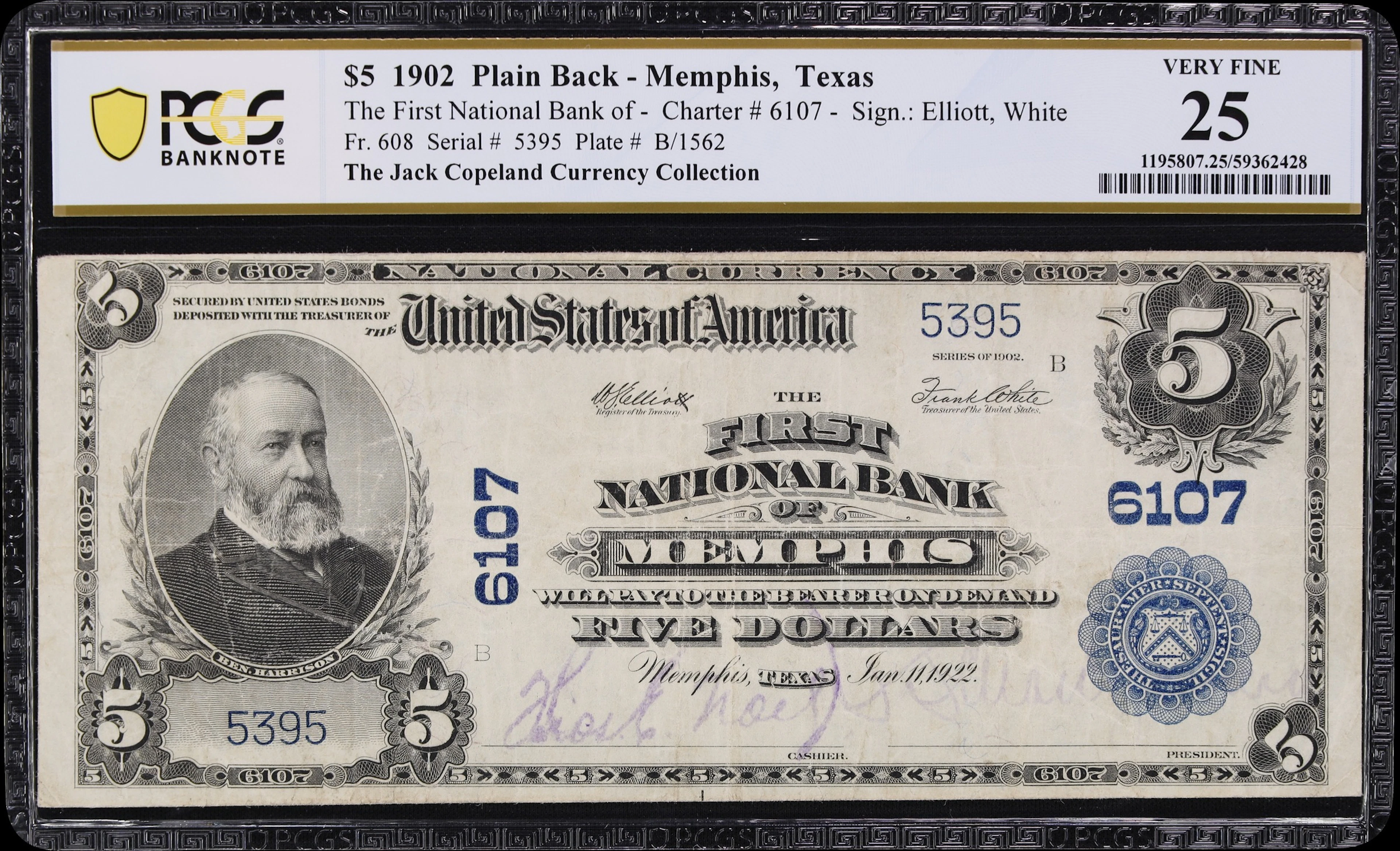 Memphis, Texas. $5 1902 Plain Back. Fr. 608. First NB. Charter #6107.