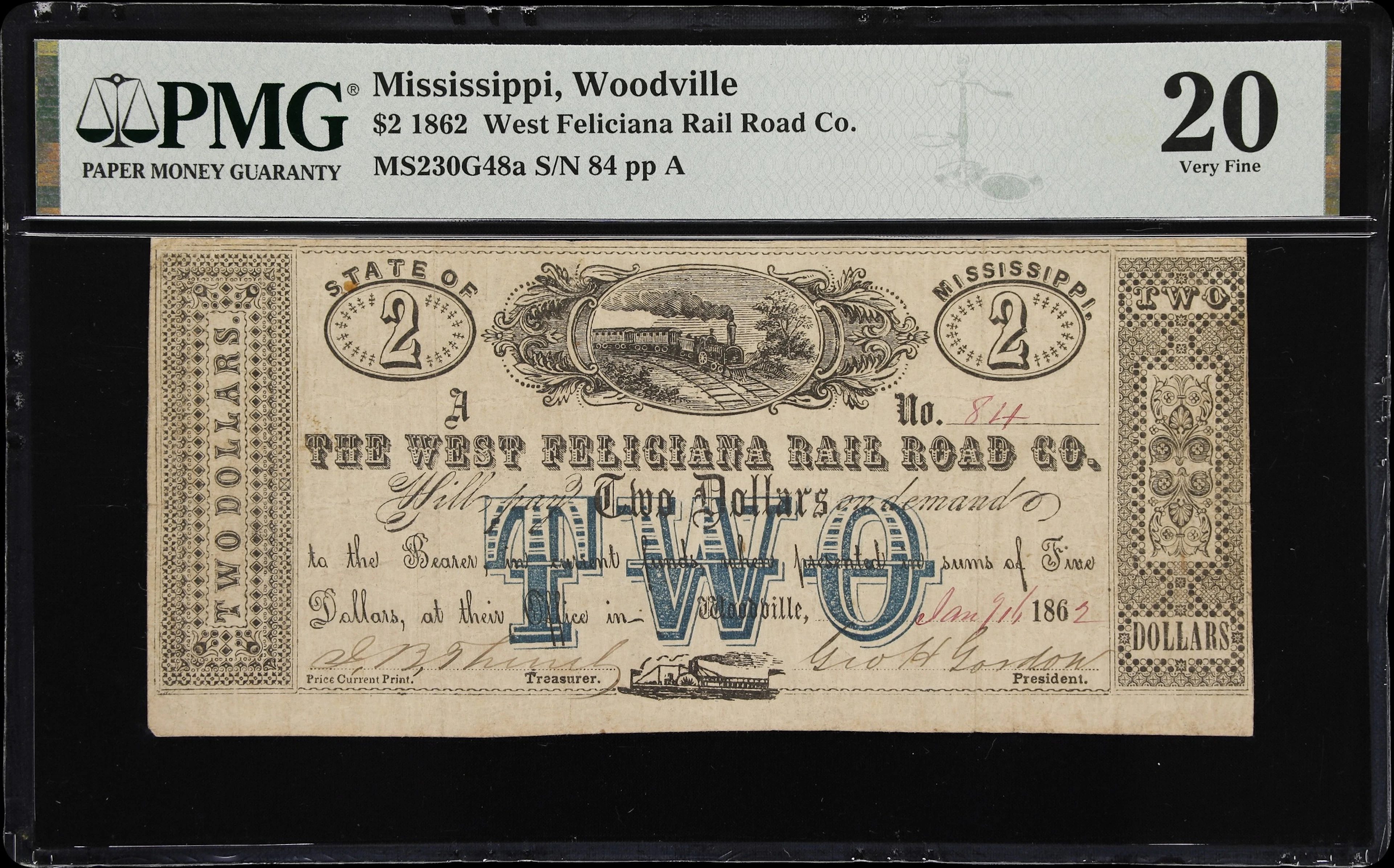 Woodville, Mississippi. West Feliciana Rail Road Company. 1862 $2.