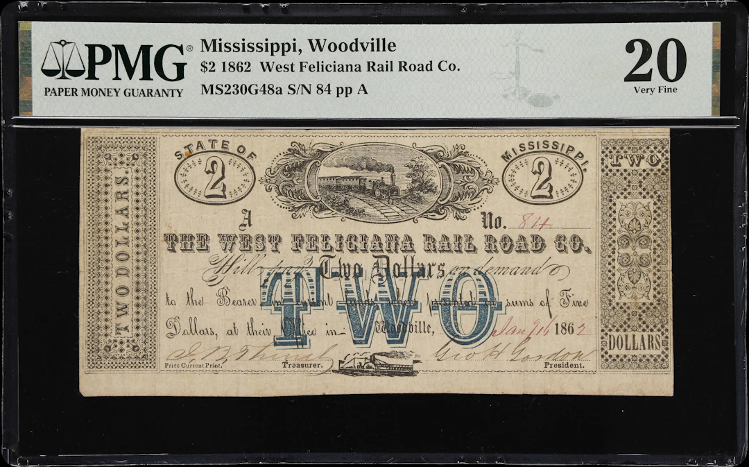 Woodville, Mississippi. West Feliciana Rail Road Company. 1862 $2.