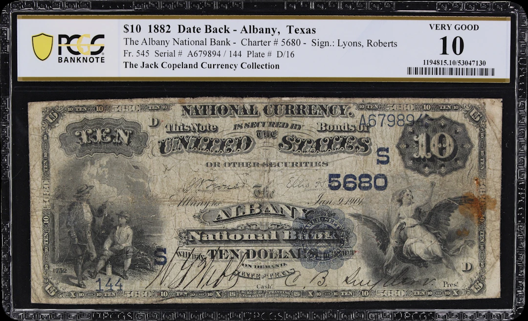 Albany, Texas. $10 1882 Date Back. Fr. 545. Albany NB. Charter #5680.