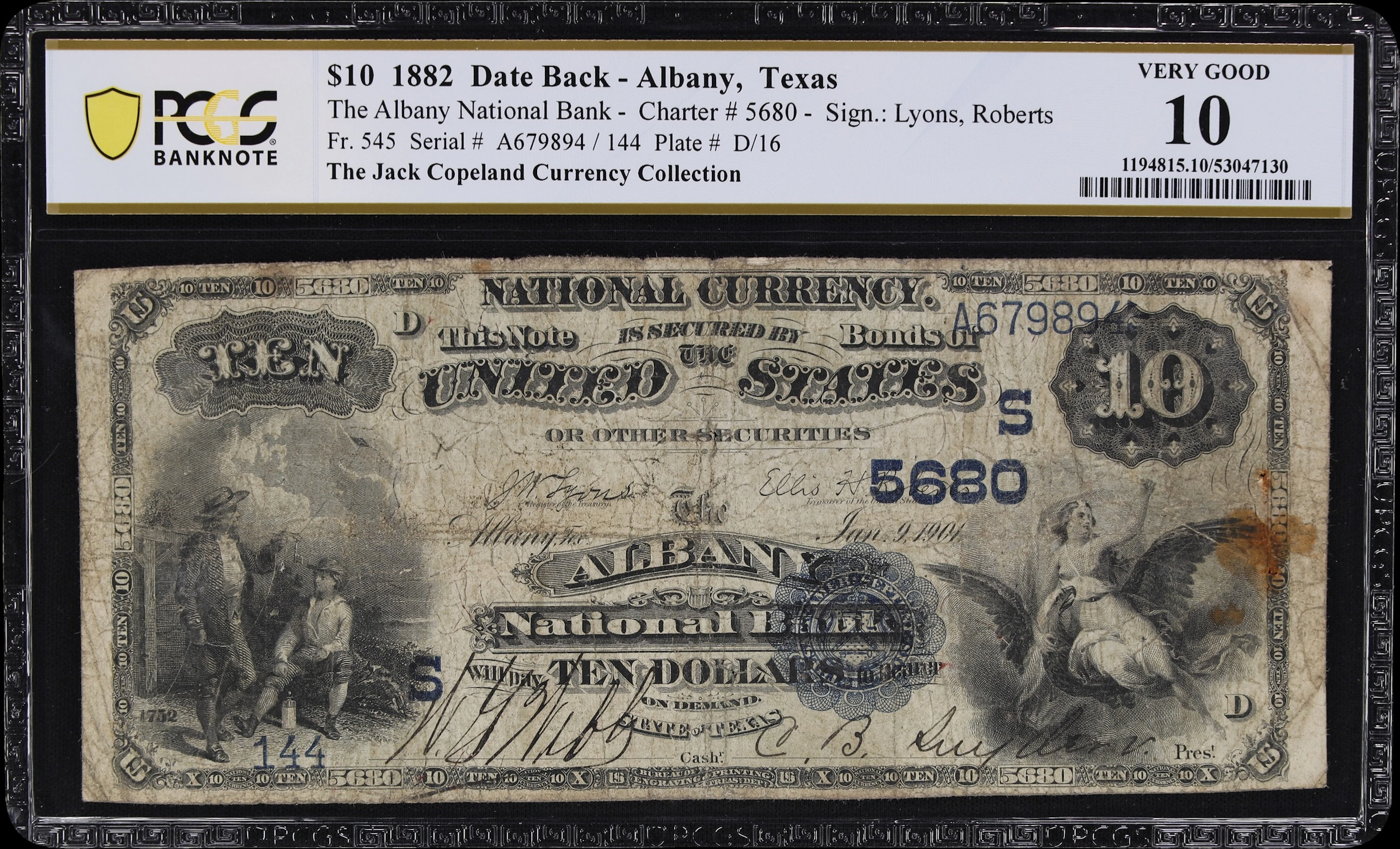Albany, Texas. $10 1882 Date Back. Fr. 545. Albany NB. Charter #5680.