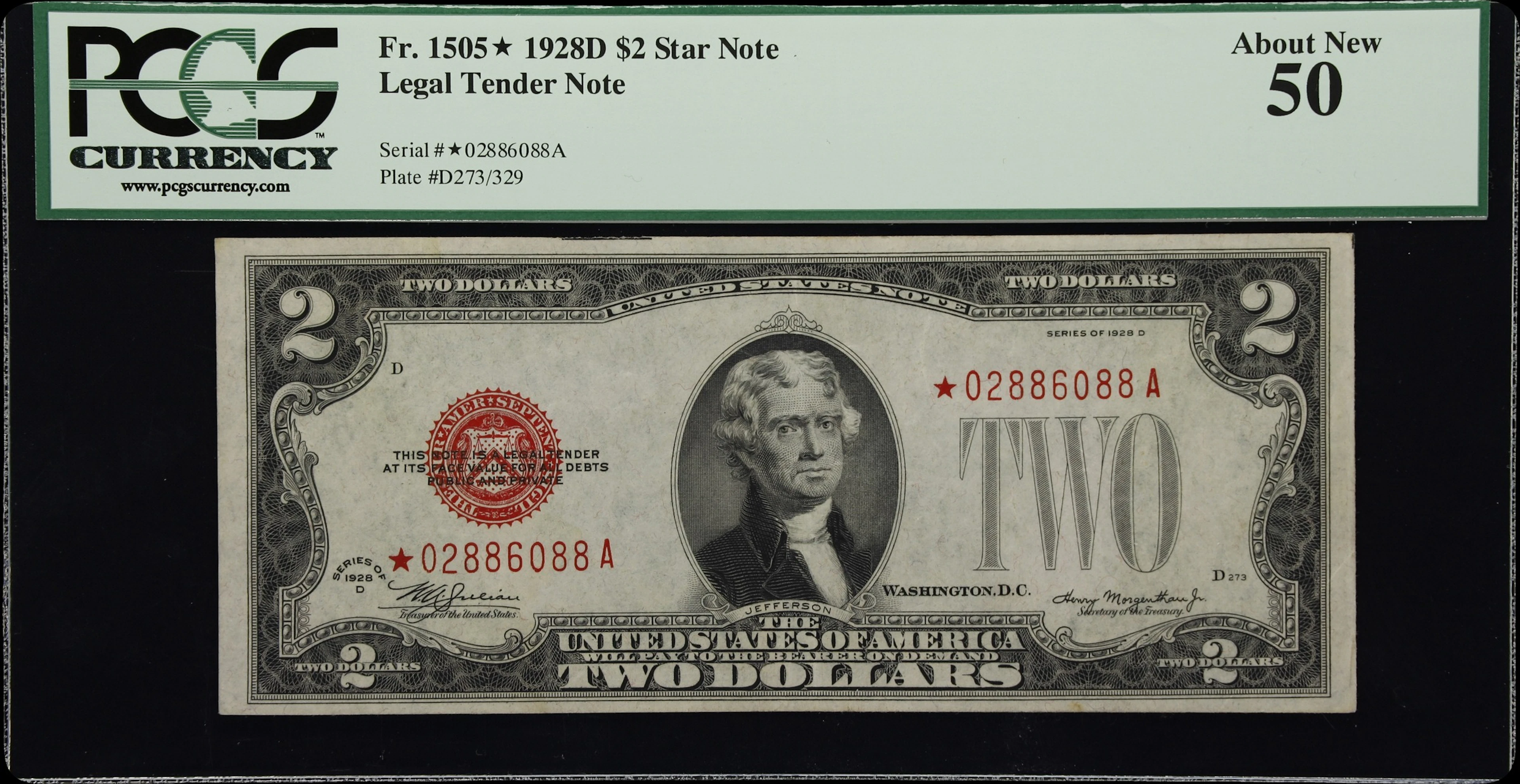 Fr. 1505*. 1928D $2 Legal Tender Star Note. PCGS Currency About New 50.