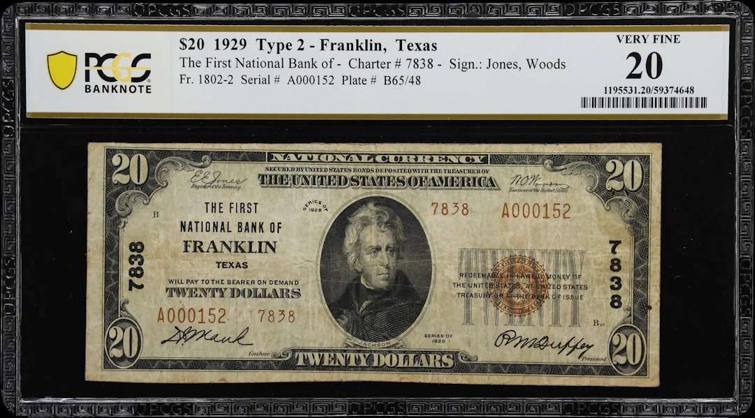 Franklin, Texas. $20 1929 Ty. 2. Fr. 1802-2. First NB. Charter #7838.