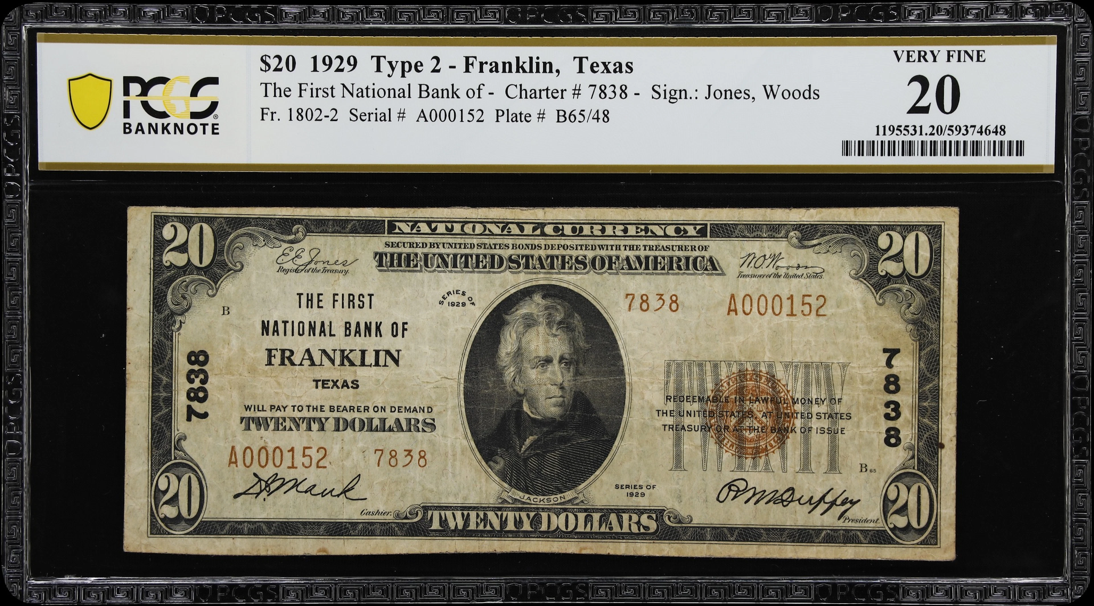 Franklin, Texas. $20 1929 Ty. 2. Fr. 1802-2. First NB. Charter #7838.