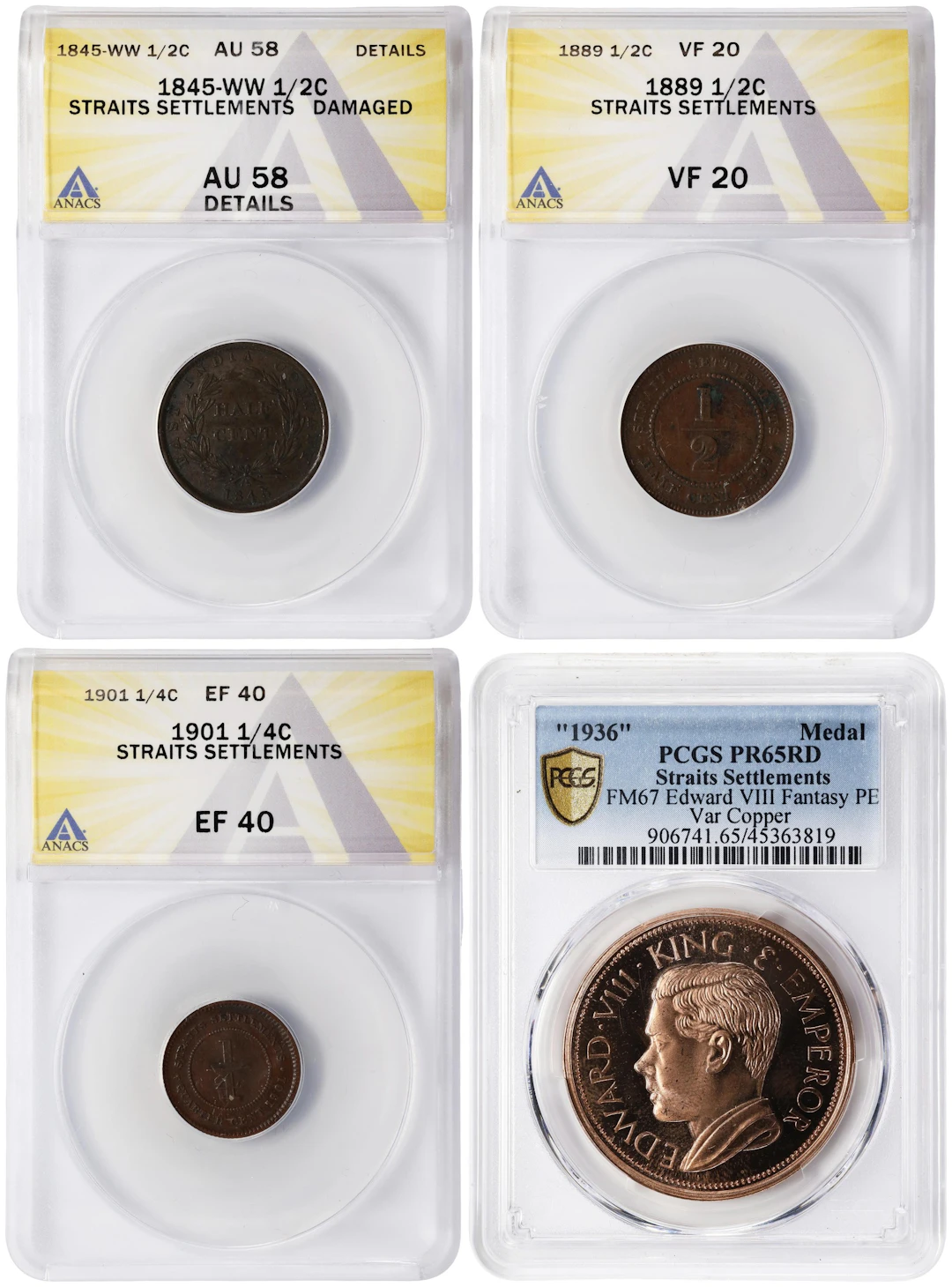 STRAITS SETTLEMENTS. Quartet of Mixed Issues (4 Pieces), 1845-1936.