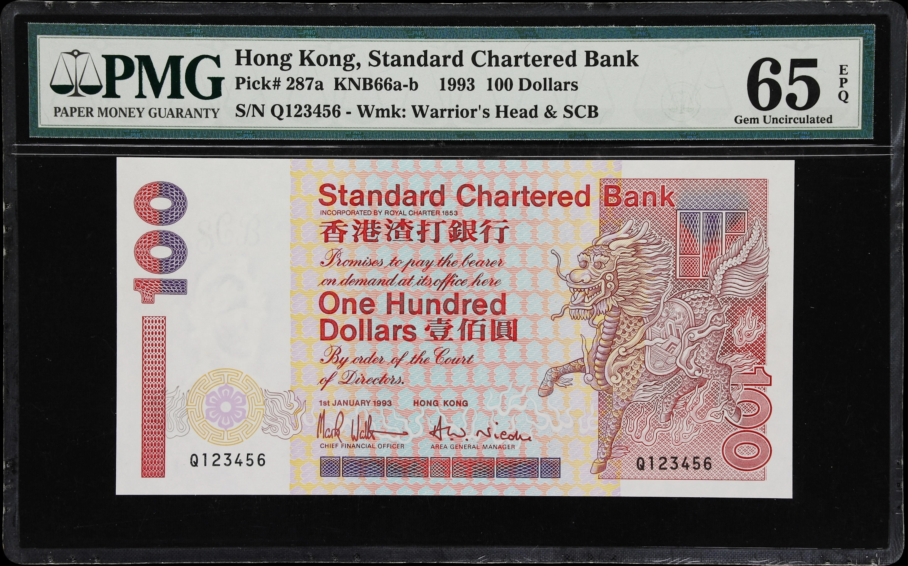 HONG KONG (SAR). Standard Chartered Bank. 100 Dollars, 1.1.1993. P-287a.