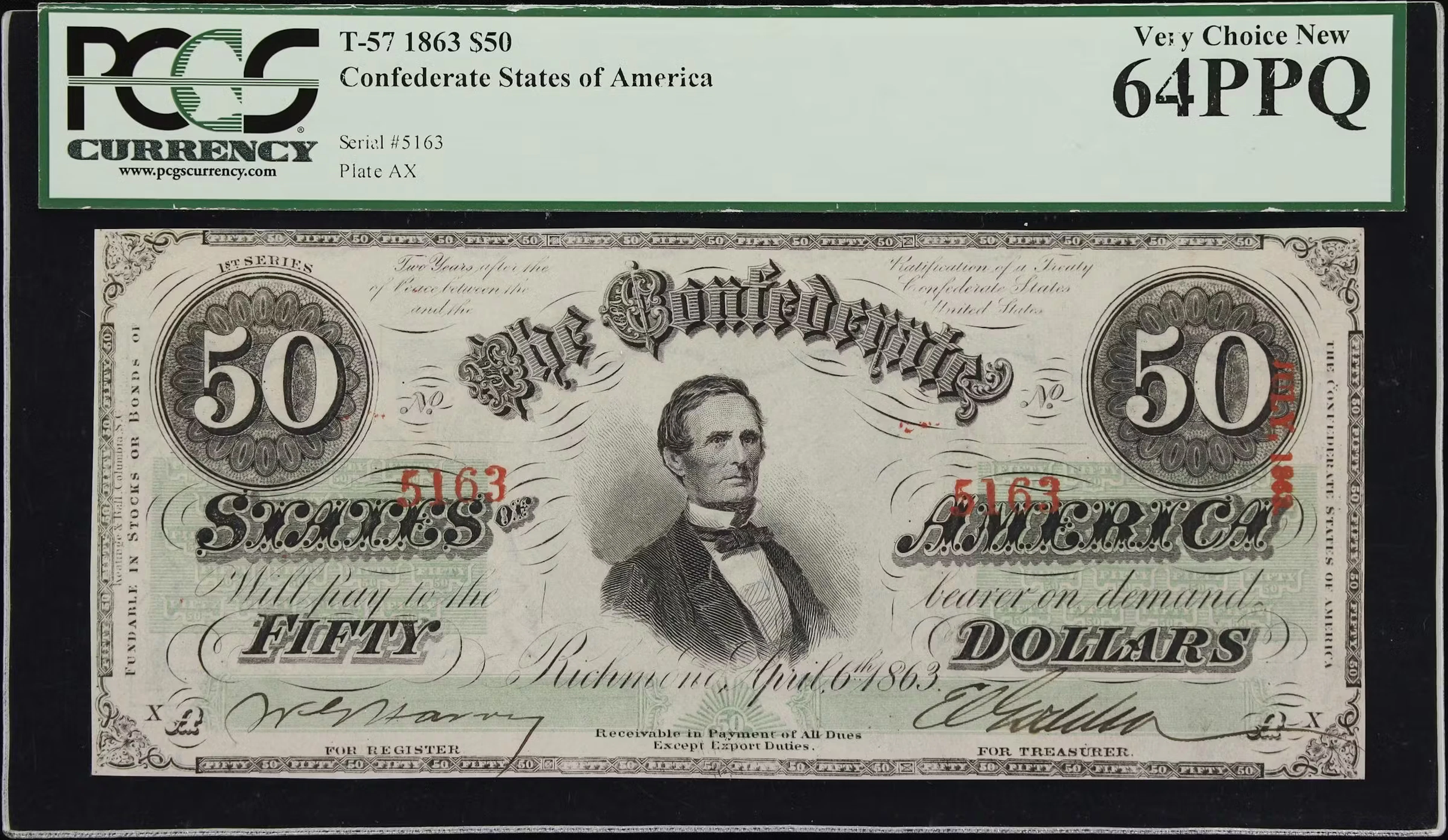 T-57. Confederate Currency. 1863 $50. PCGS Currency Very Choice New 64 PPQ.
