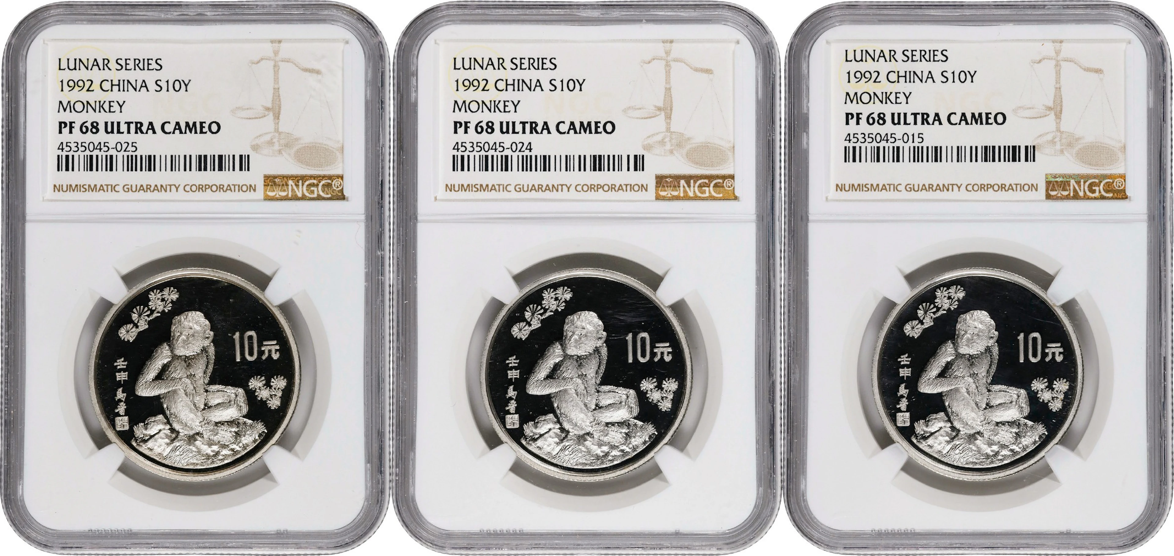 (t) CHINA. Trio of Silver 10 Yuan (3 Pieces), 1992. Lunar Series