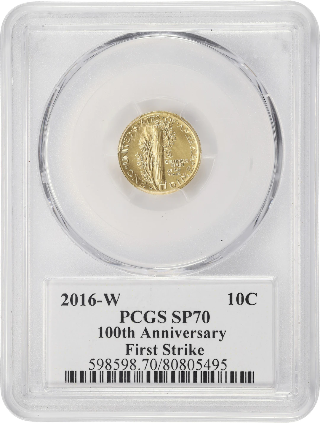 (0.1 oz, 3.11 g AGW). 2016-W Centennial Mercury Gold Dime. SP-70 (PCGS).