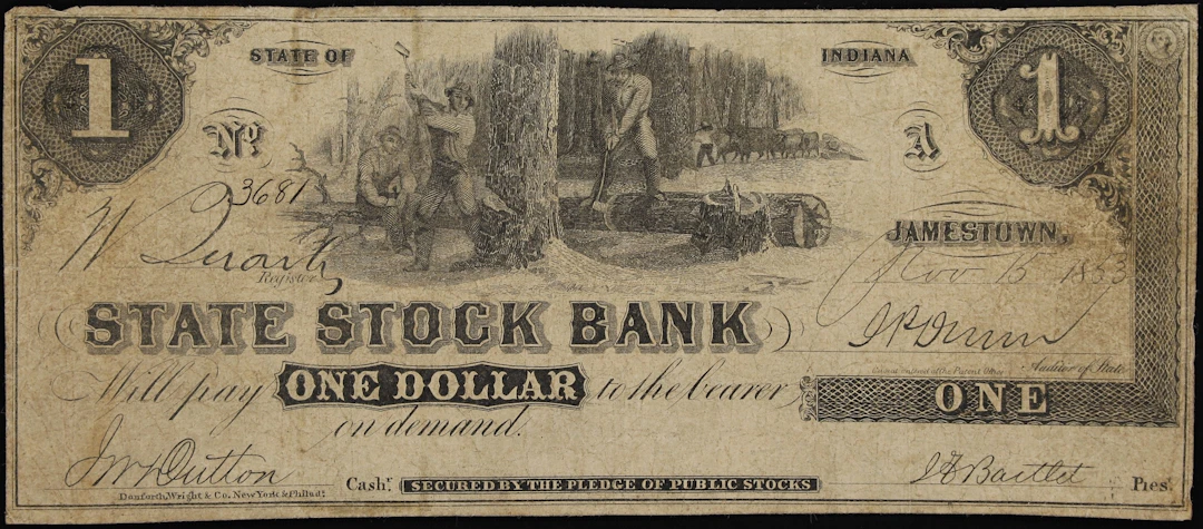 Jamestown, Indiana. State Stock Bank. 1853 $1. Fine.